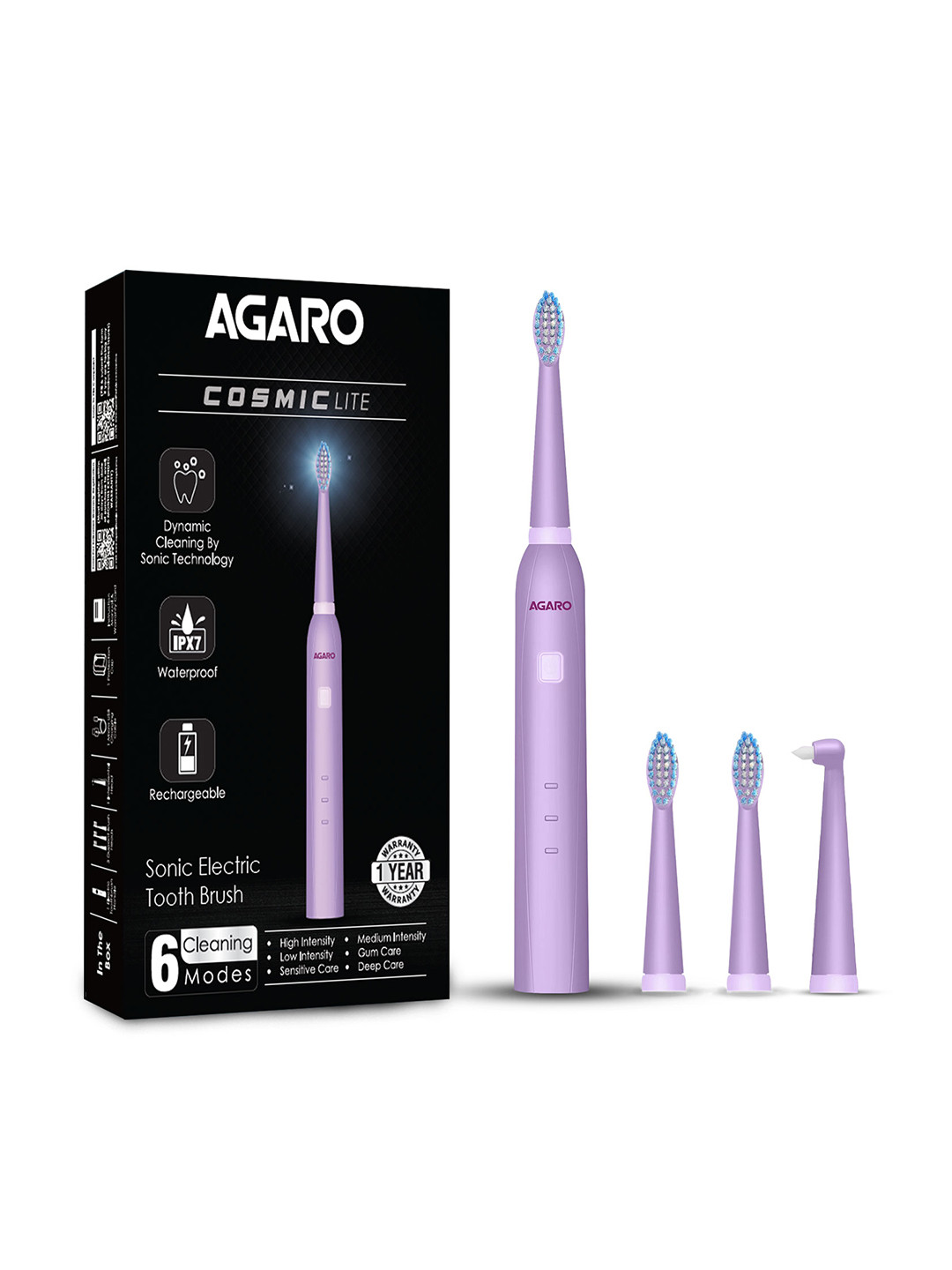 

Agaro Cosmic Lite Sonic Rechargeable IPX7 Waterproof Electric Tooth Brush - Purple