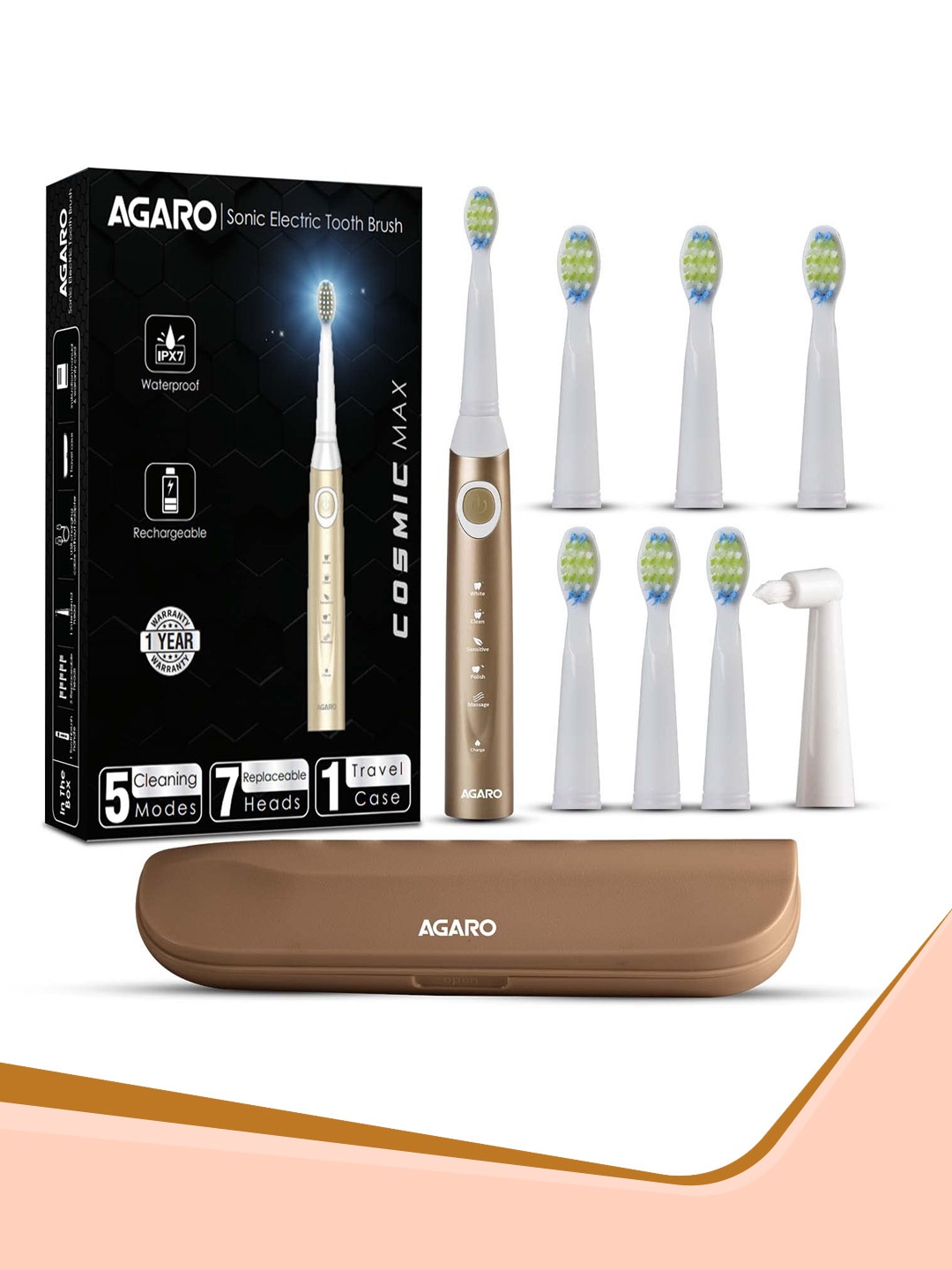 

Agaro Cosmic Plus Max Sonic Rechargeable Electric Tooth Brush - Champagne Gold