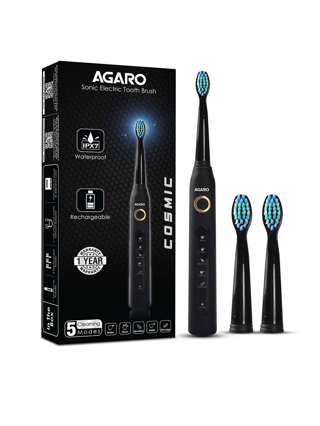 

Agaro Cosmic Sonic Technology Rechargeable IPX7 Waterproof Electric Tooth Brush - Black