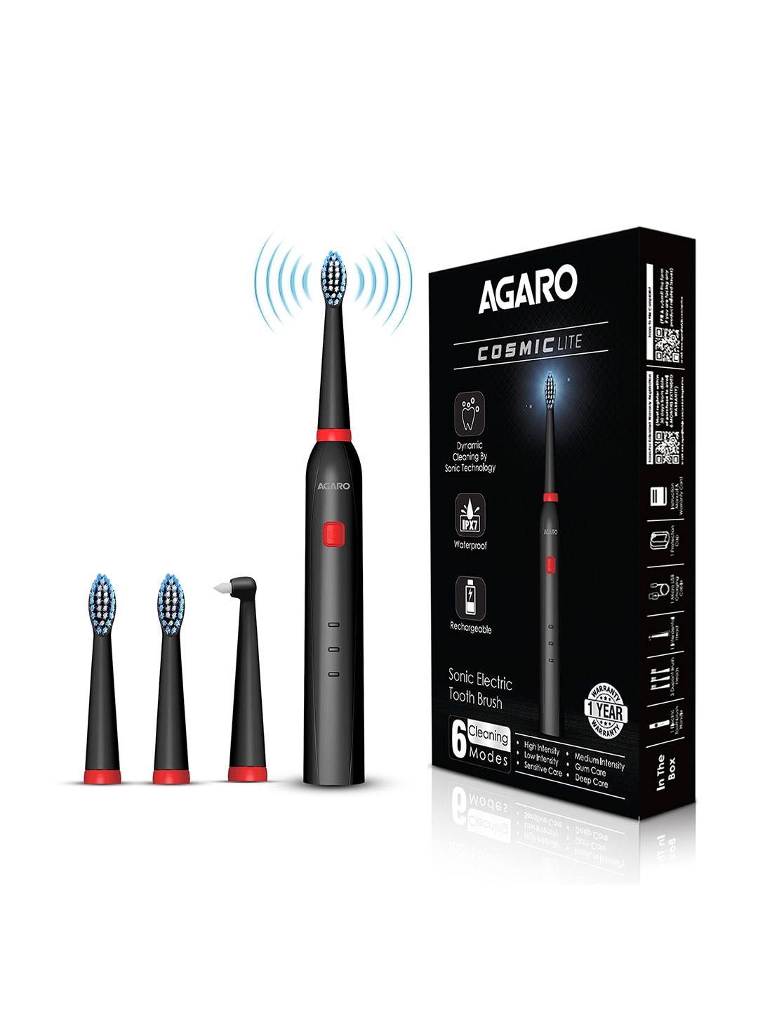 

Agaro Cosmic Lite Sonic Tooth Brush with 6 Modes & 3 Brush Heads - Black