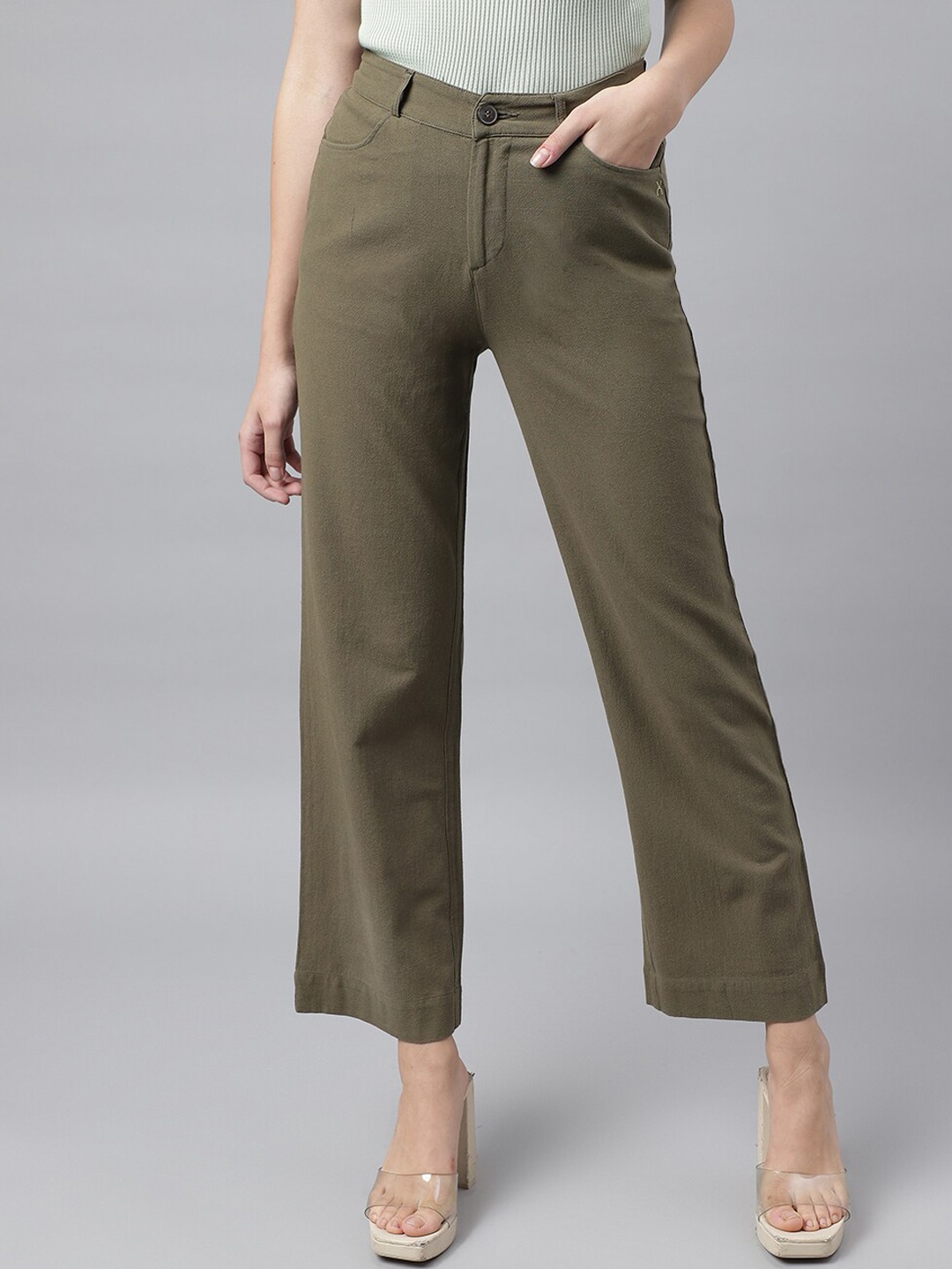 

Xpose Women Comfort Flared High-Rise Pure Cotton Wide Leg Trousers, Olive