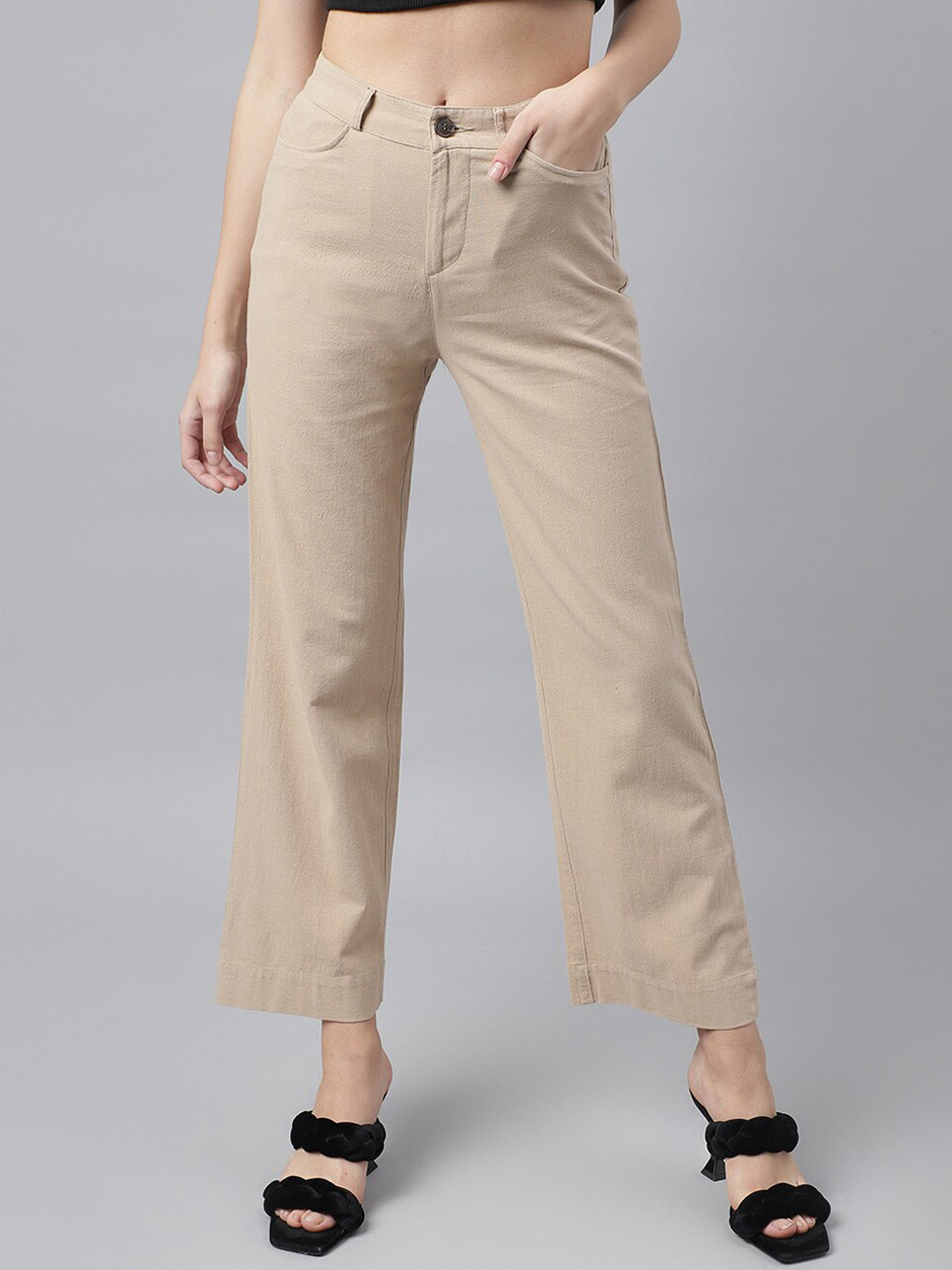 

Xpose Women Comfort Flared High-Rise Pure Cotton Wide Leg Trousers, Brown