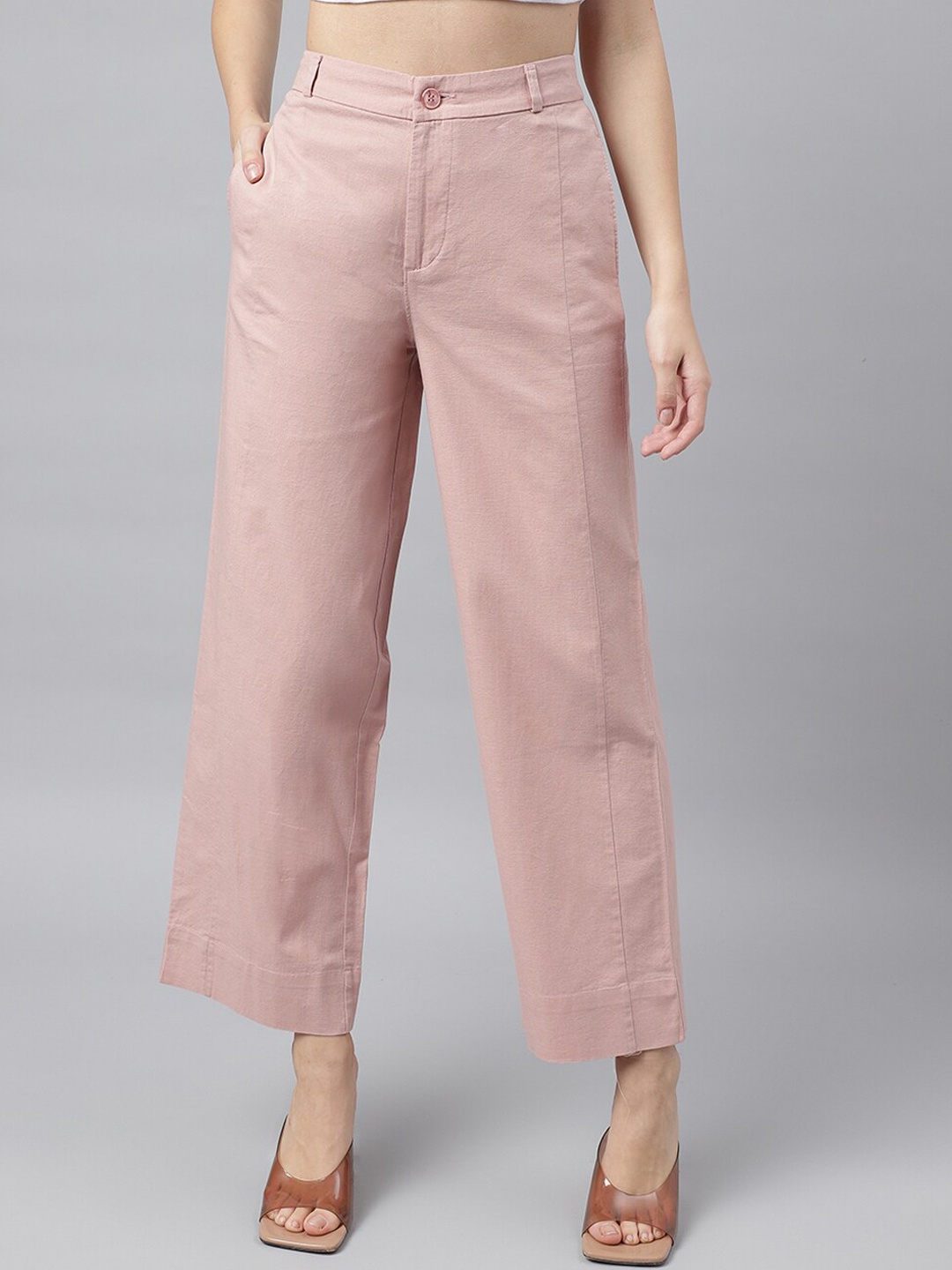 

Xpose Women Comfort High-Rise Linen Cotton Wide Leg Trousers, Pink