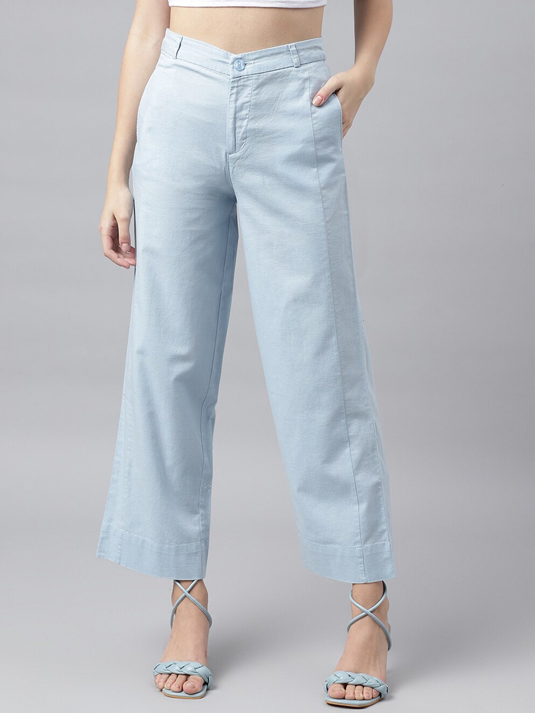 

Xpose Women Comfort High-Rise Linen Cotton Wide Leg Parallel Trousers, Blue