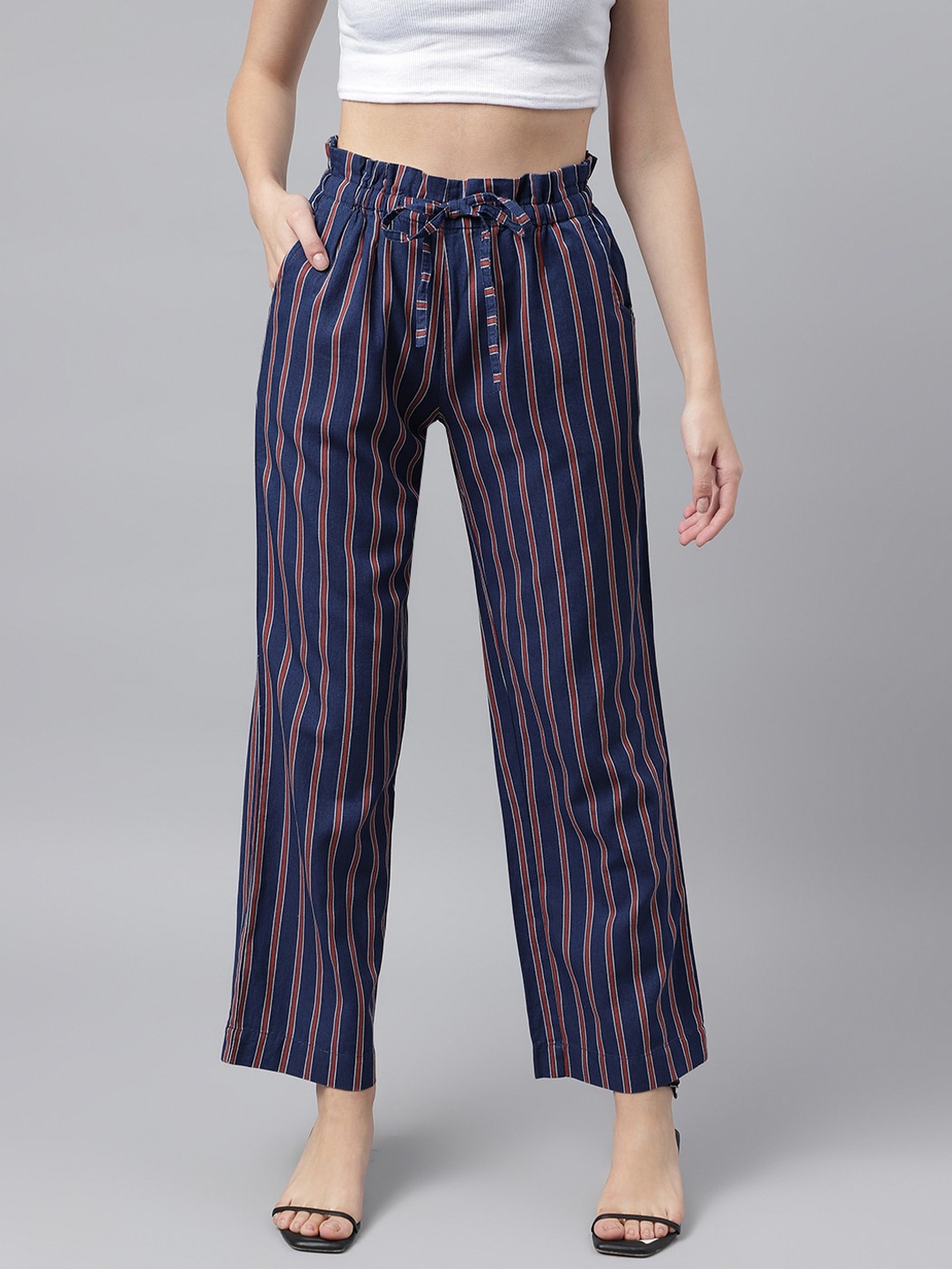

Xpose Women Vertical Striped Comfort High-Rise Wide Leg Trousers, Blue