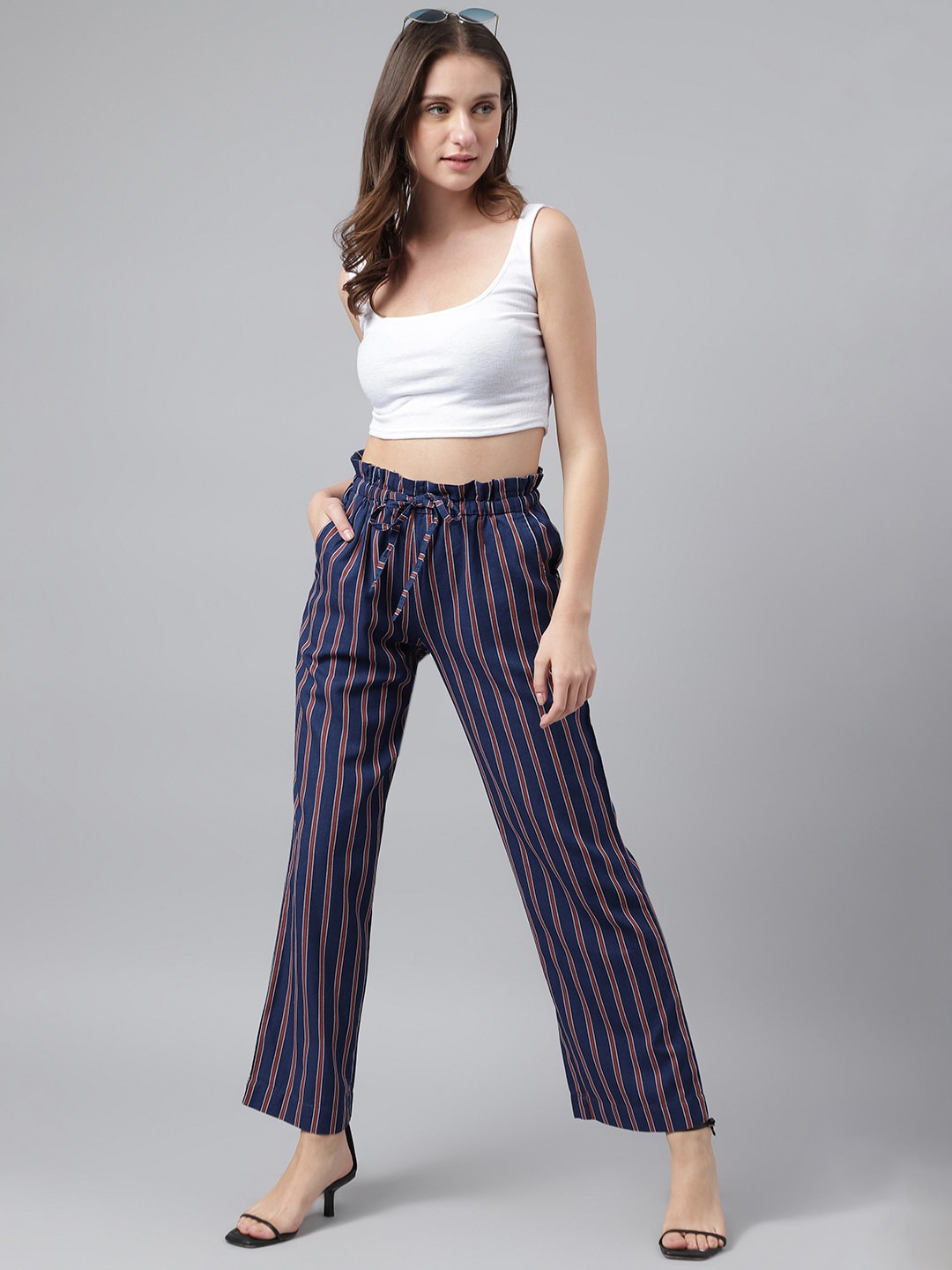 

Xpose Women Vertical Striped Comfort High-Rise Wide Leg Trousers, Blue