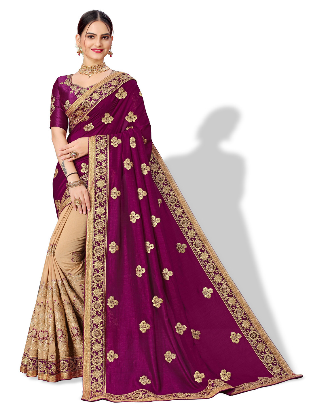 

Vaidehi Fashion Floral Embroidered Pure Silk Half and Half Saree, Purple