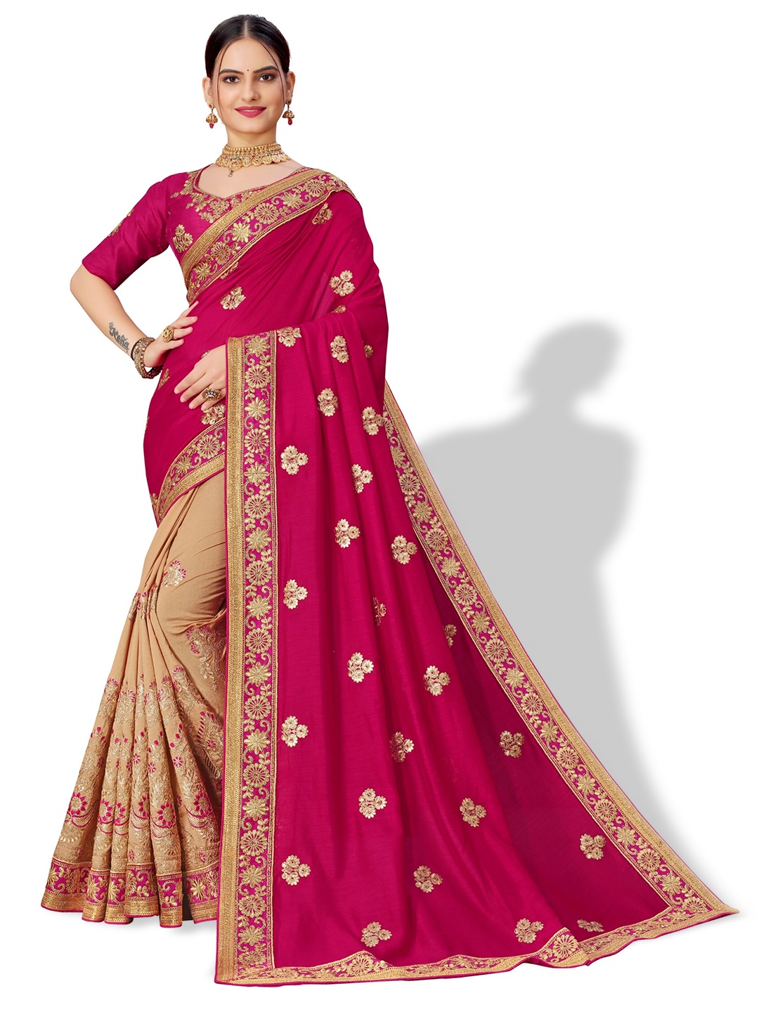 

Vaidehi Fashion Floral Embroidered Pure Silk Half and Half Saree, Pink