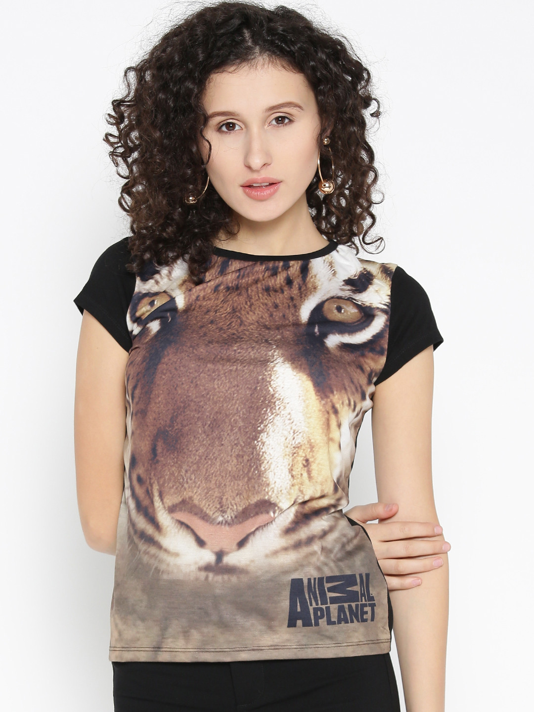 

Splash Women Black & Brown Printed Round Neck T-shirt
