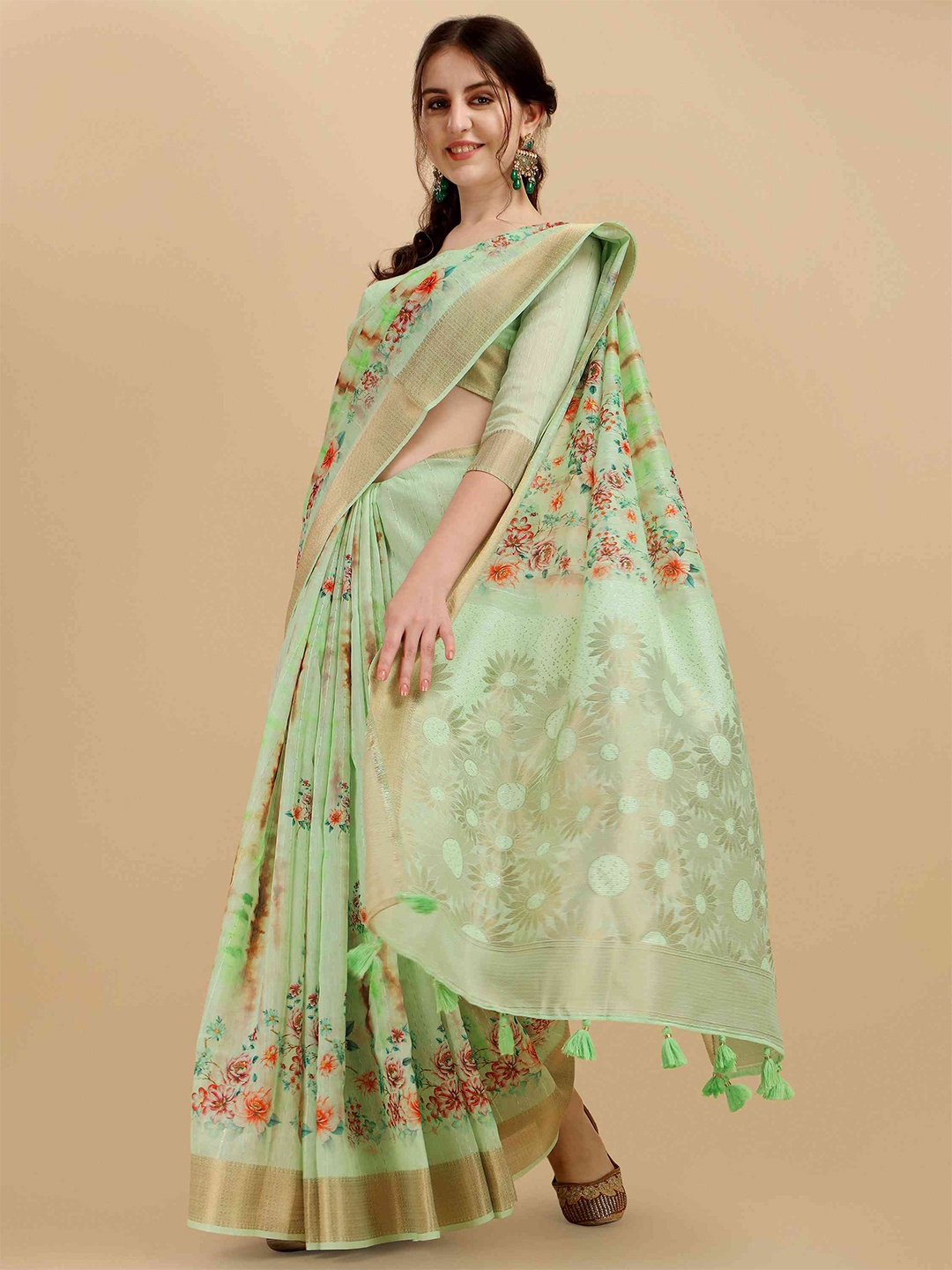 

elora Floral Pure Cotton Bhagalpuri Zari Saree With Tassel, Green