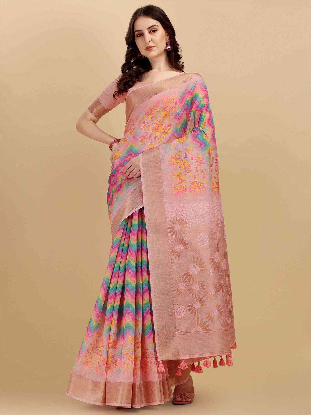 

elora Floral Pure Cotton Bhagalpuri Zari Saree With Tassel, Pink