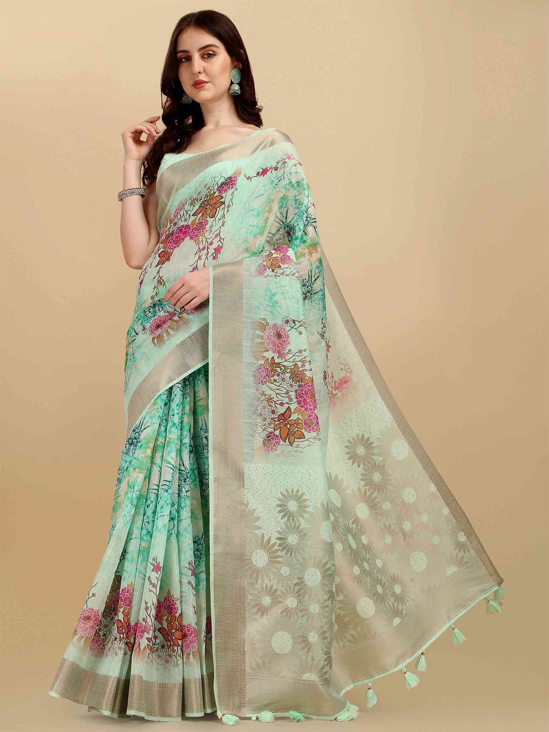 

elora Floral Pure Cotton Bhagalpuri Zari Saree With Tassel, Turquoise blue