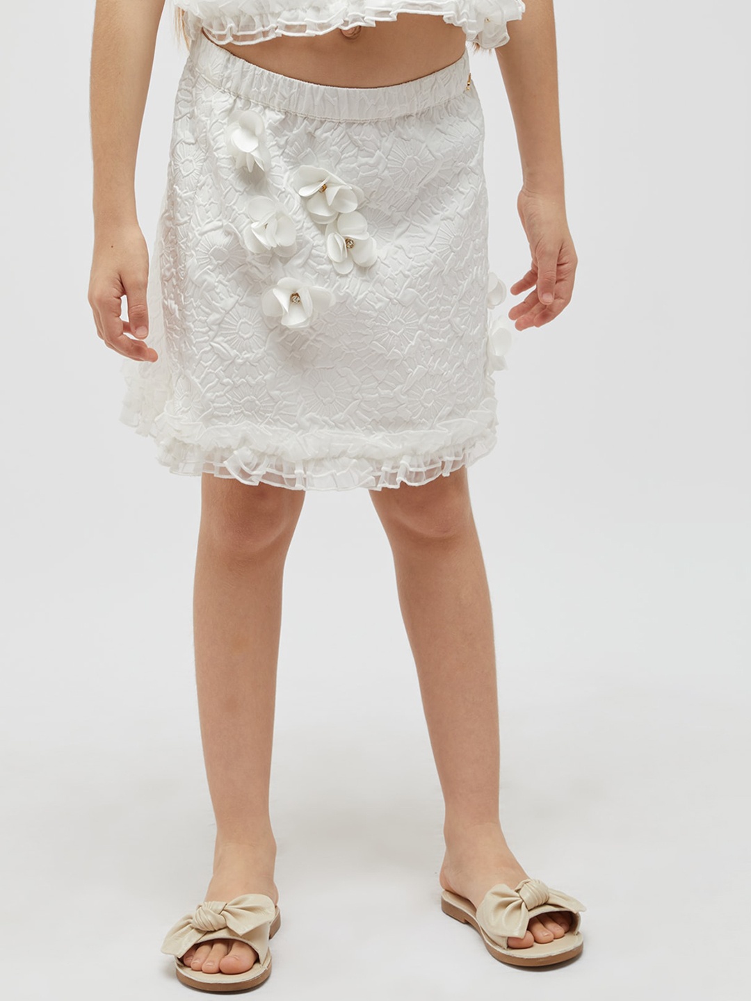 

One Friday Girls Self Design A-Line Laced Skirt, Off white