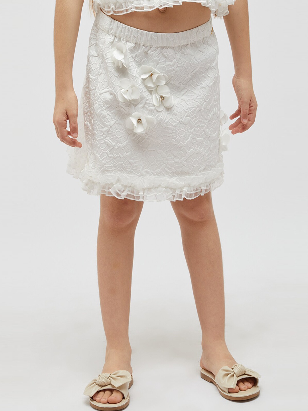 

One Friday Girls Self Design Lace A-Line Skirt, Off white