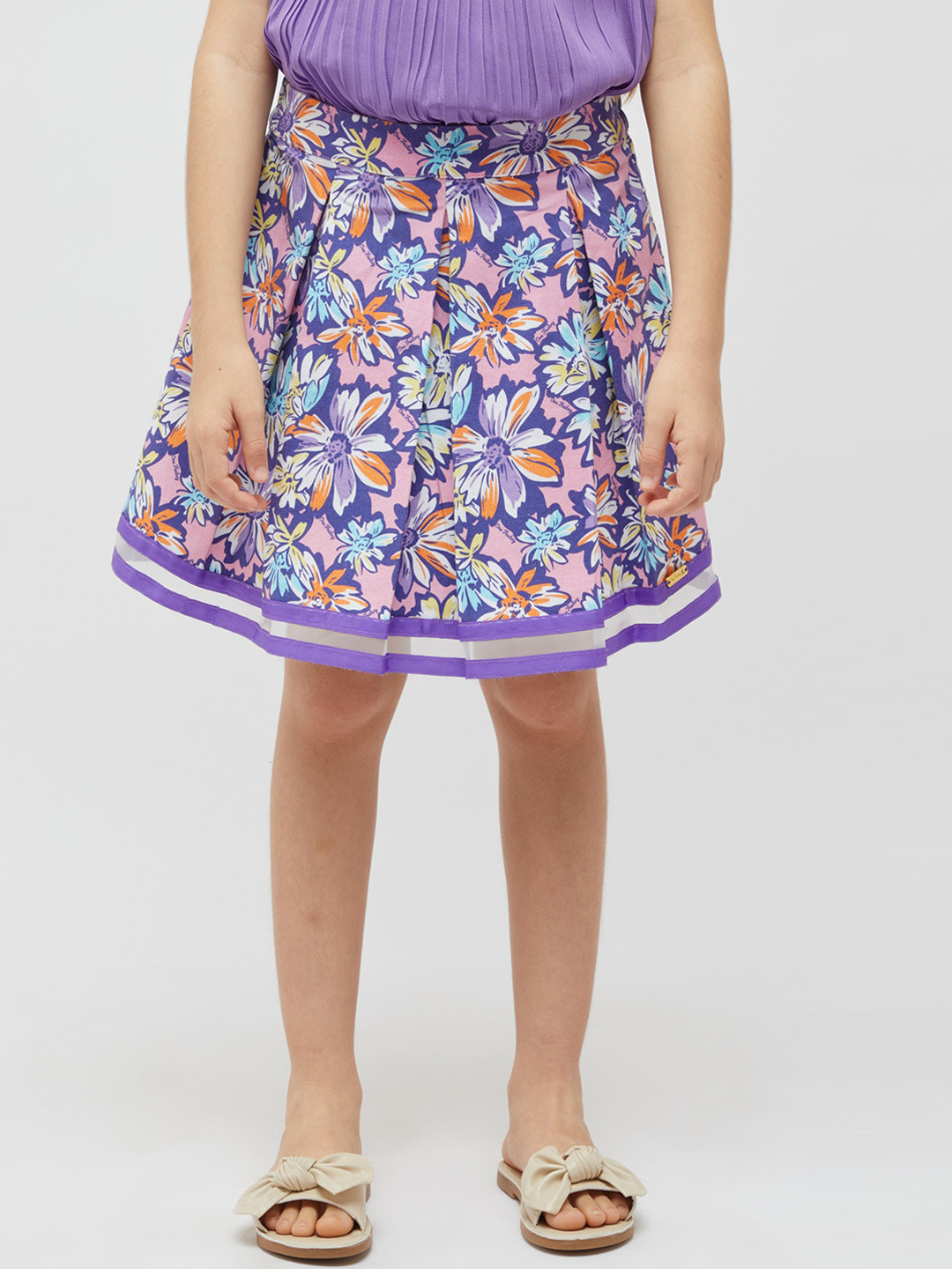 

One Friday Girls Floral Printed Pure Cotton A-Line Skirt, Pink