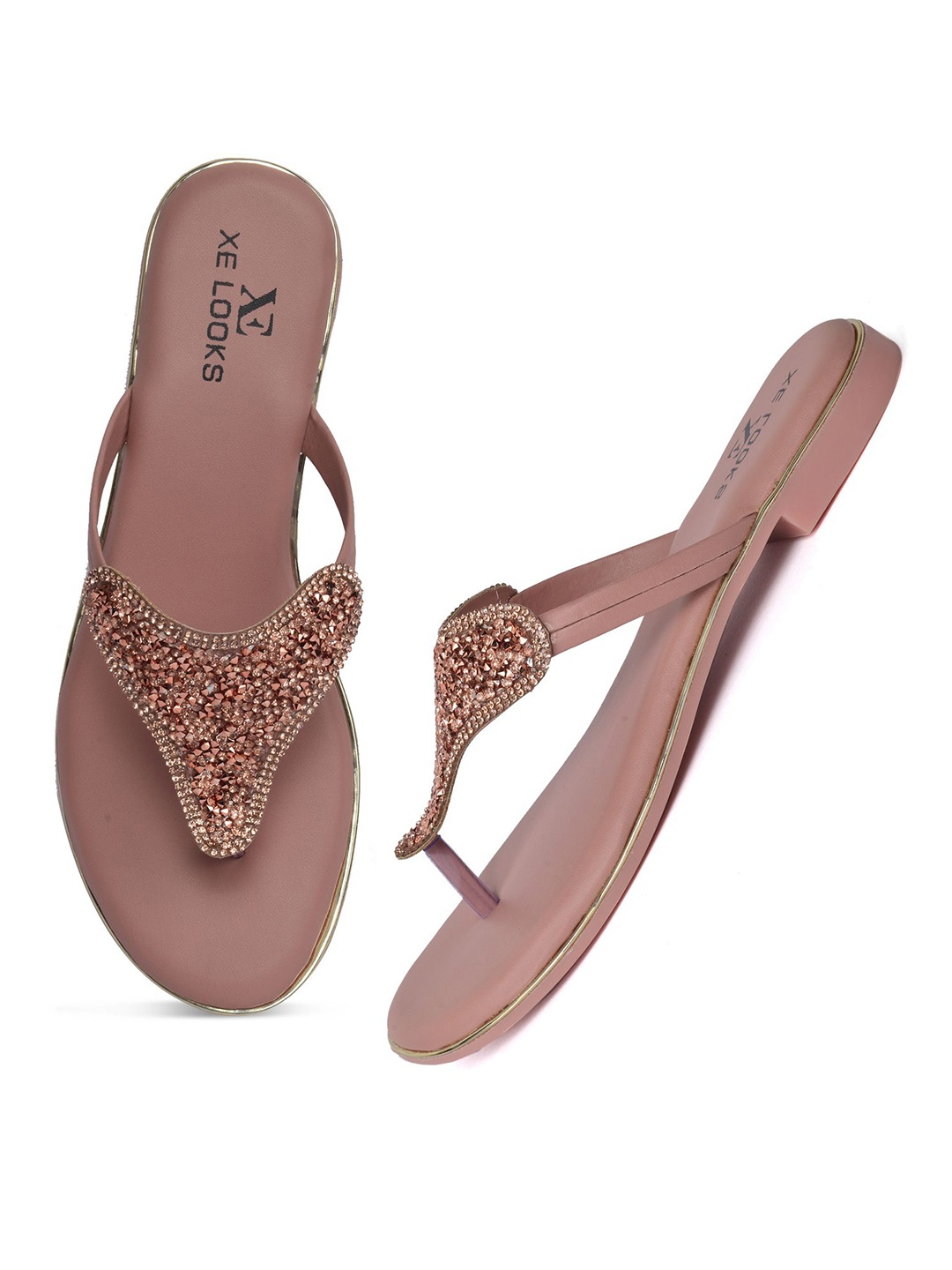 

XE Looks Embellished Comfortable Open Toe T-Strap Flats, Mauve