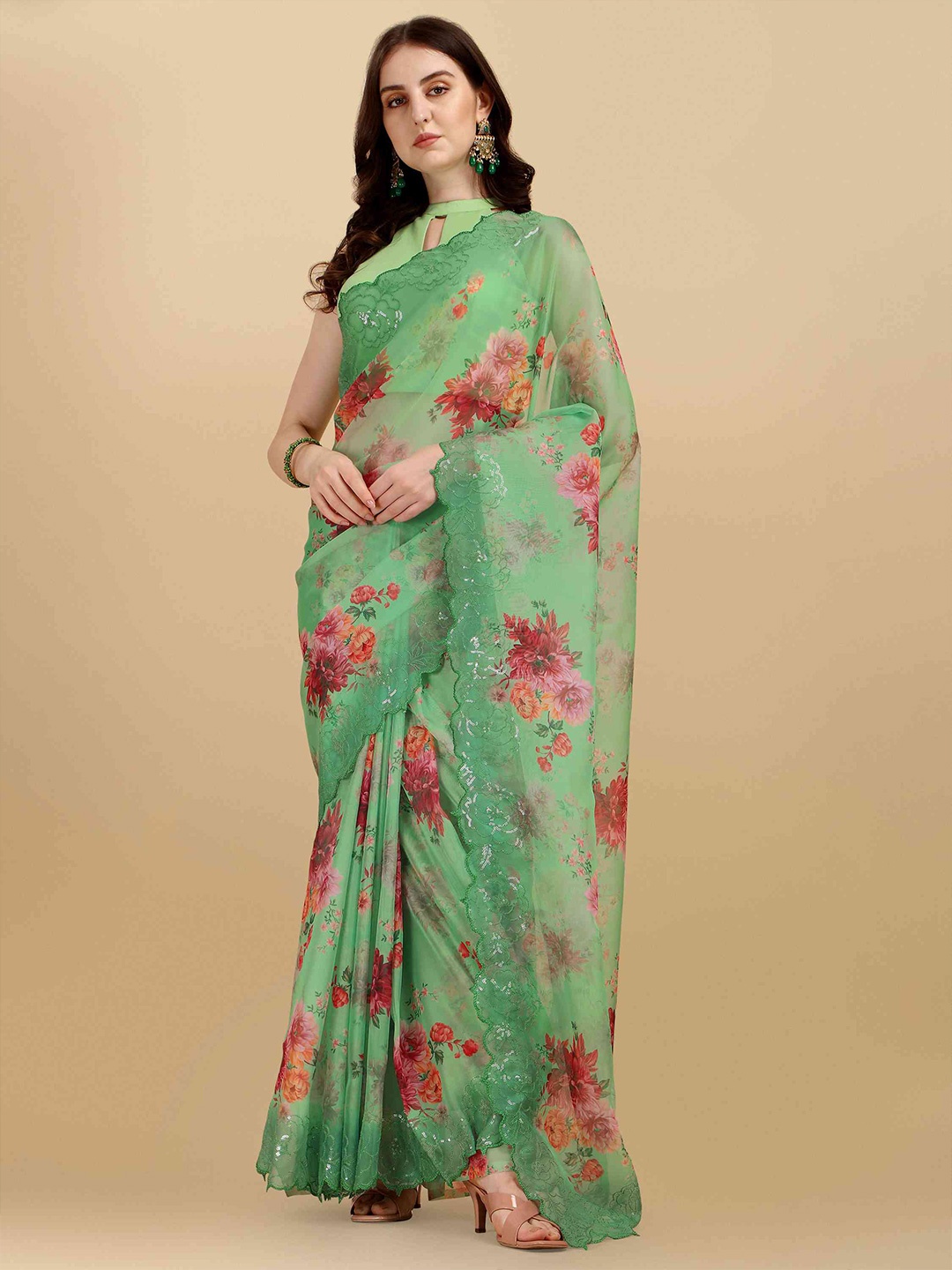 

elora Floral Printed Sequinned Organza Bhagalpuri Saree, Green