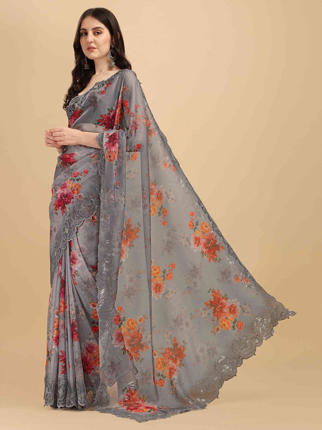 

elora Floral Printed Sequined Organza Bhagalpuri Saree, Grey