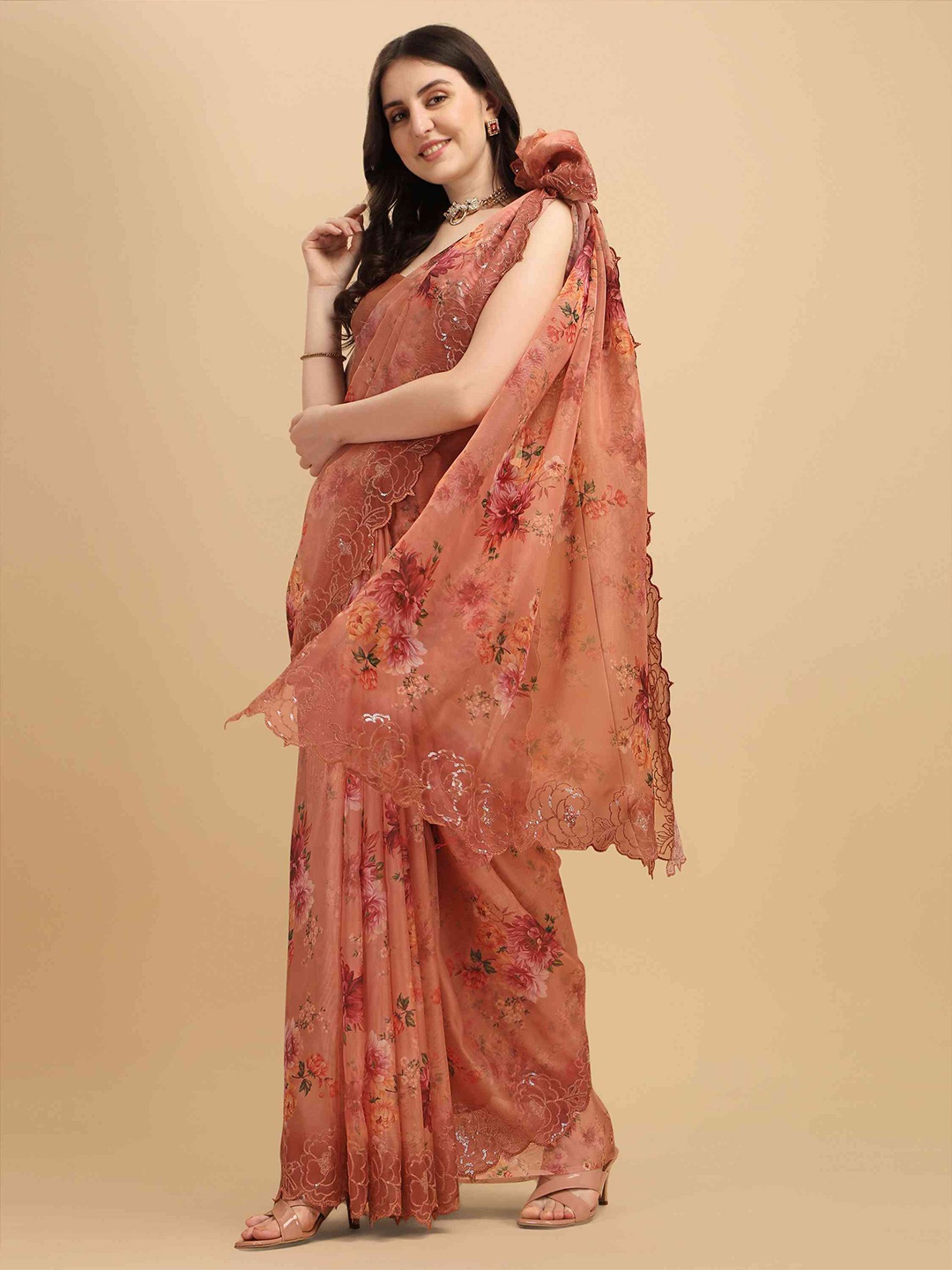 

elora Coffee Floral Printed And Embroidered Organza Saree, Coffee brown