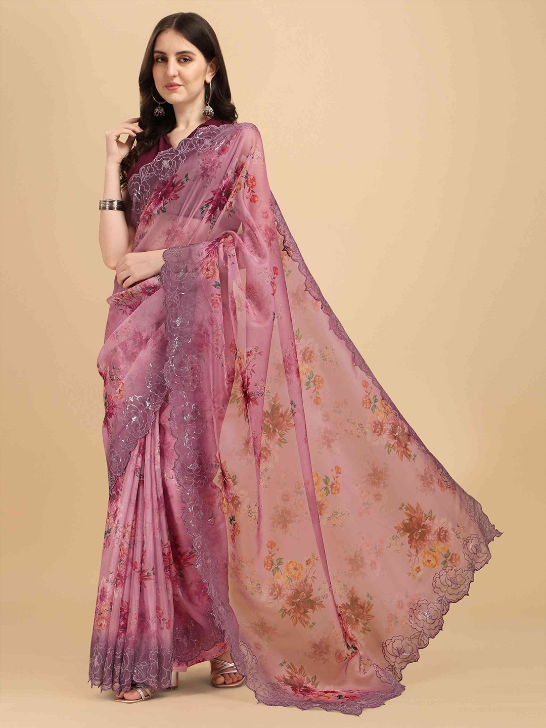 

elora Floral Printed Sequined Organza Bhagalpuri Saree, Violet