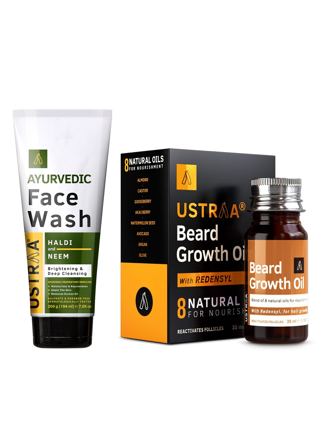 

Ustraa Men Set of Redensyl Beard Growth Oil & Ayurvedic Haldi & Neem Face Wash, Black
