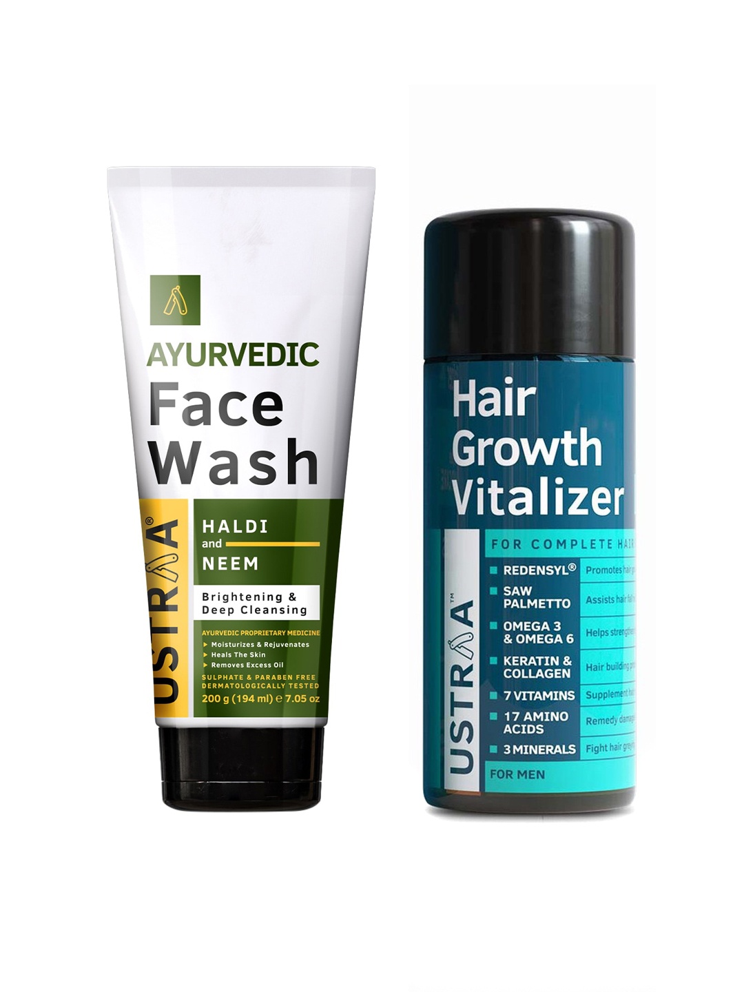 

Ustraa Men Set of Hair Growth Vitalizer & Ayurvedic Haldi & Neem Face Wash, Blue