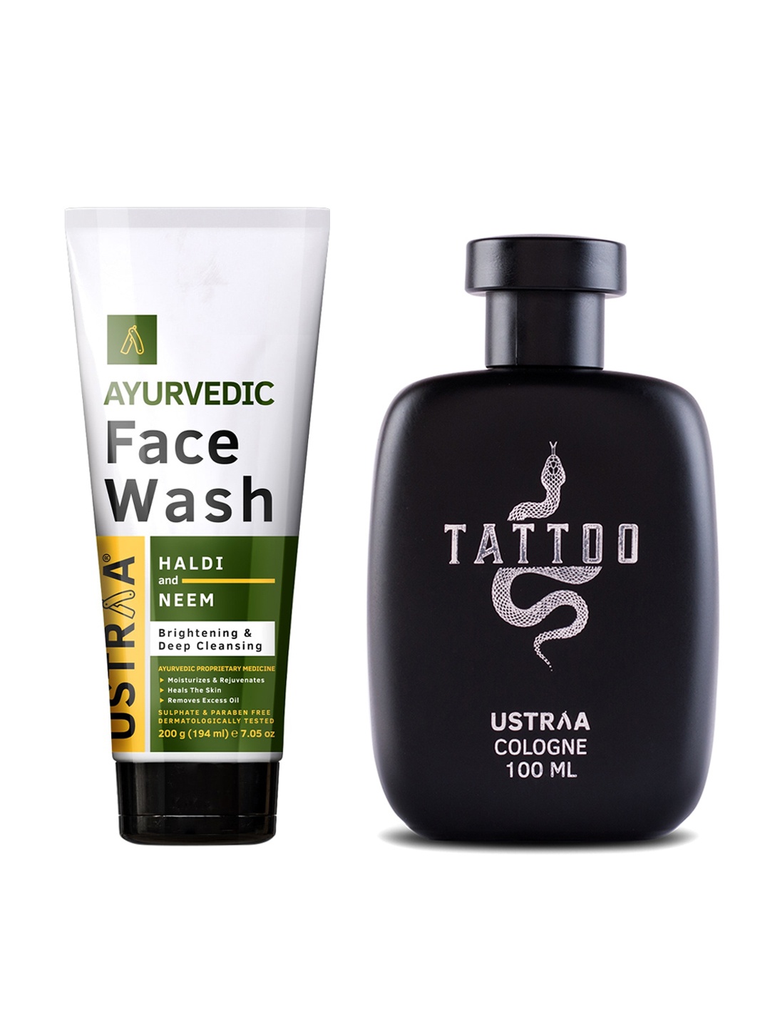 

Ustraa Men Set of Tattoo Cologne 100 ml & Ayurvedic Haldi & Neem Face Wash 200 g, Black