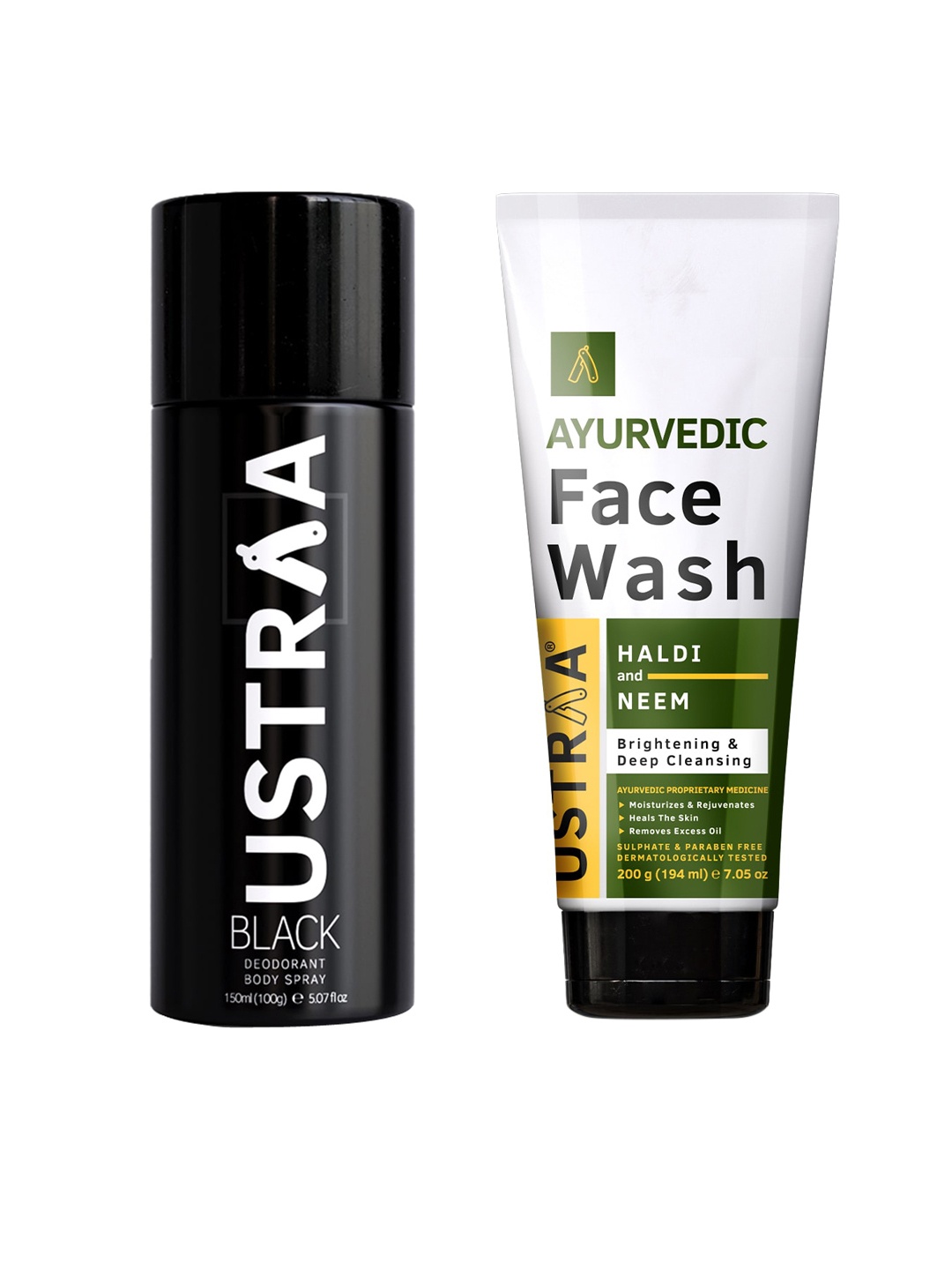 

Ustraa Men Set of Black Deodorant 150 ml + Ayurvedic Haldi & Neem Face Wash 200 g