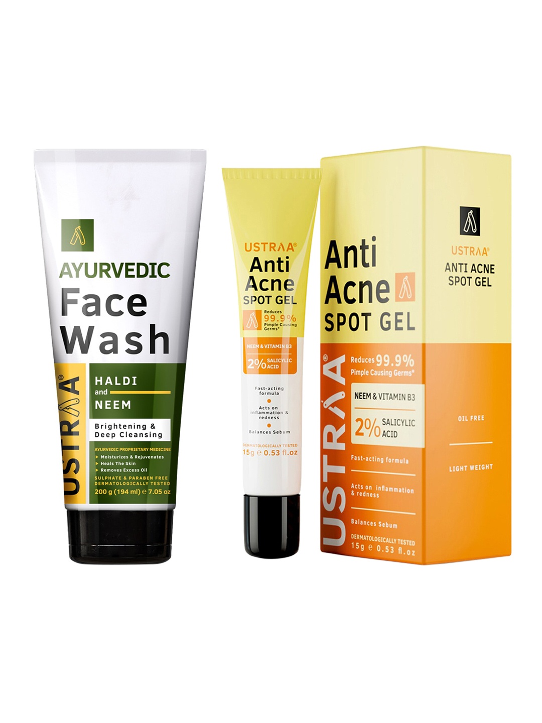 

Ustraa Men Set of Anti-Acne Spot Gel 15 g & Ayurvedic Haldi & Neem Face Wash 200 g, Orange