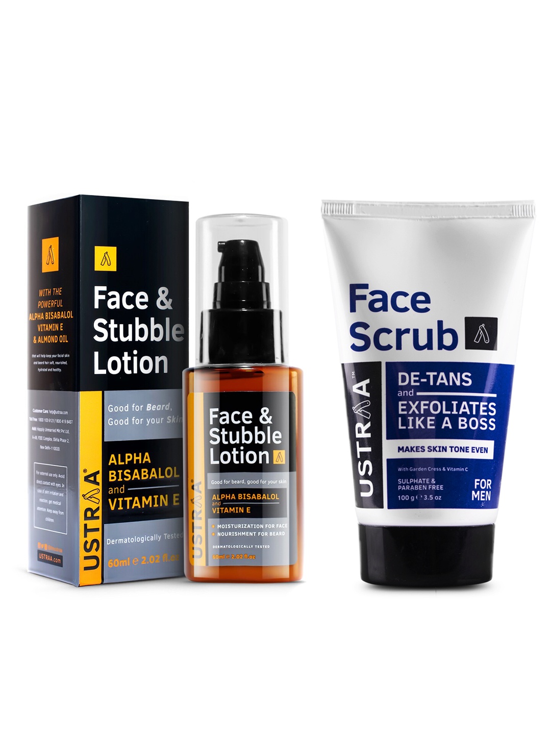 

Ustraa Men Set of Beard Softening Face & Stubble Lotion 60 ml & De-tan Face Scrub 100 g, Blue