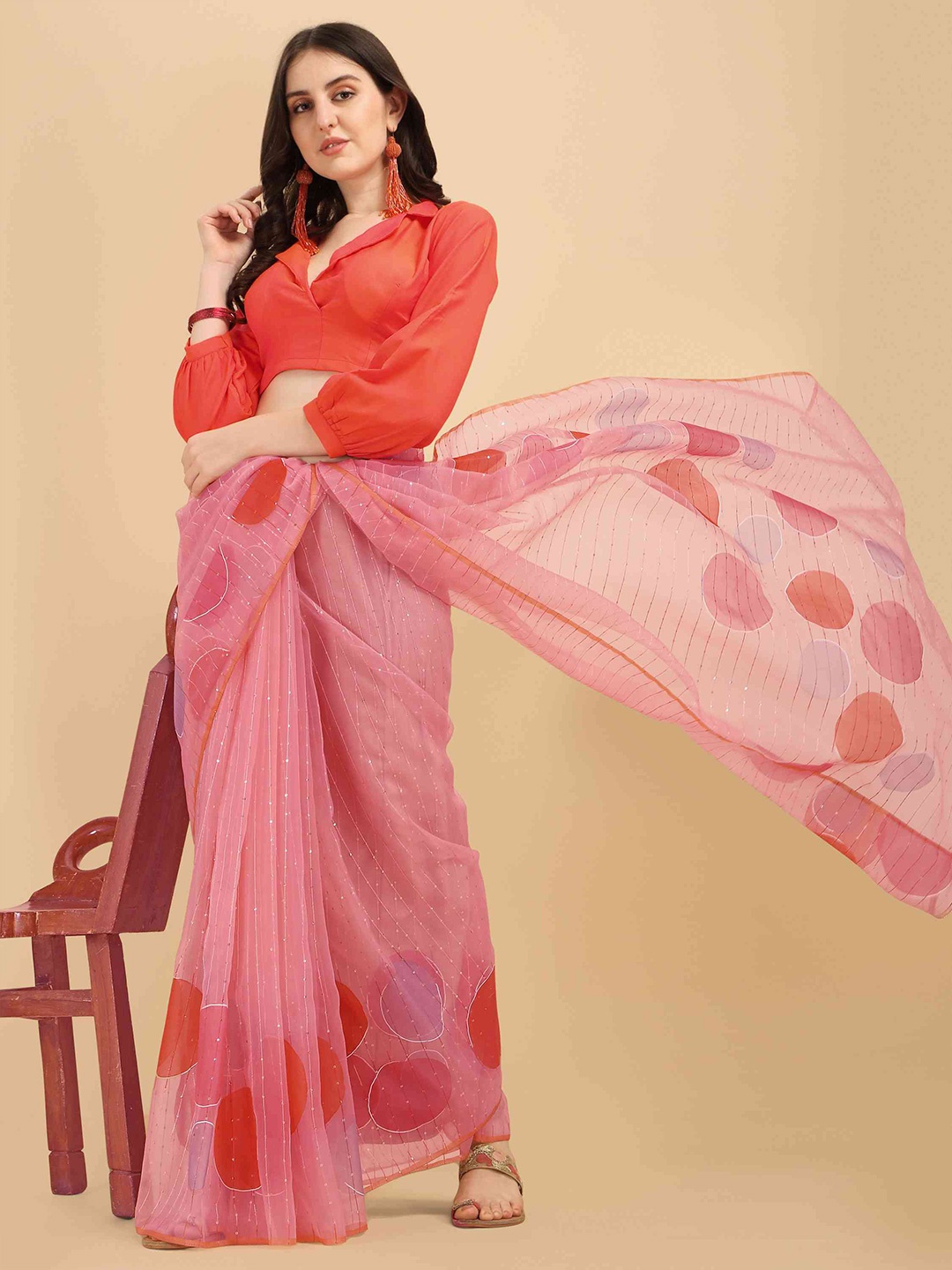 

elora Sequinned Embellished Organza Saree, Peach