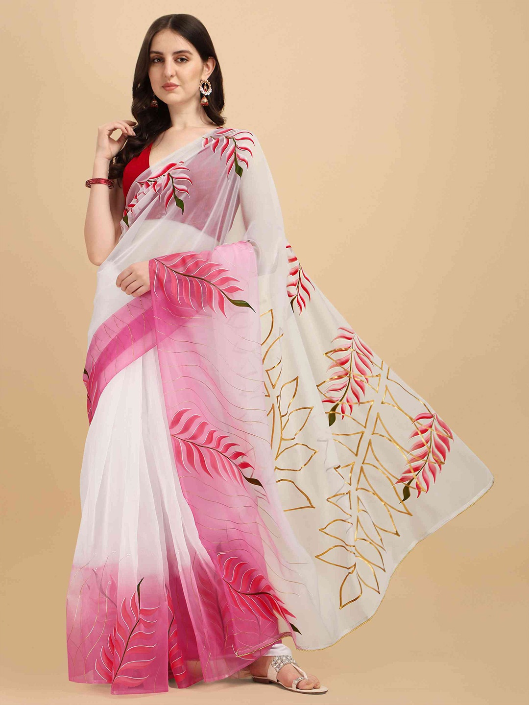 

elora Floral Printed Organza Bhagalpuri Saree With Blouse Piece, Pink