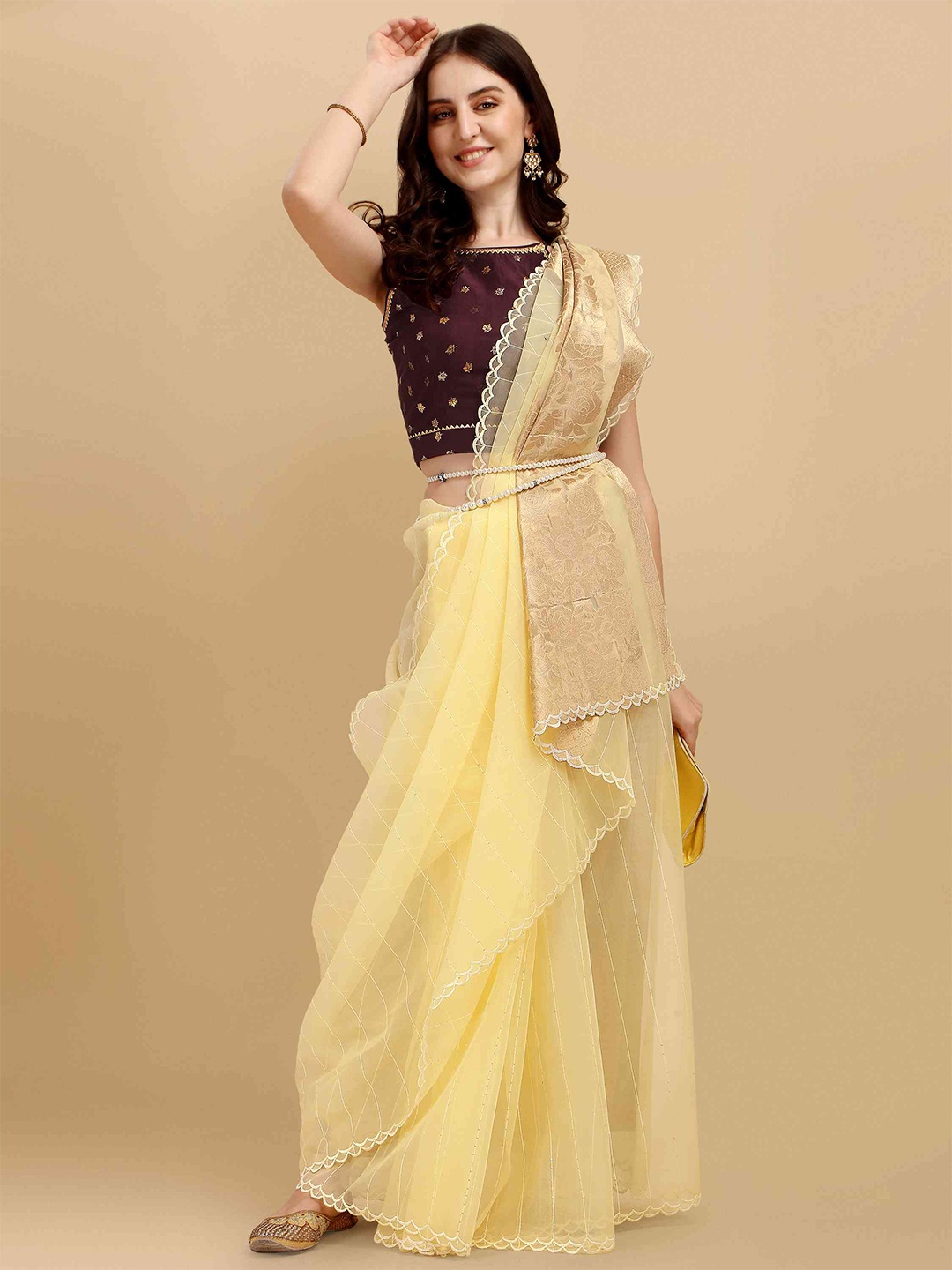 

elora Striped Sequenced Organza Bhagalpuri Zari Saree With Blouse Piece, Yellow