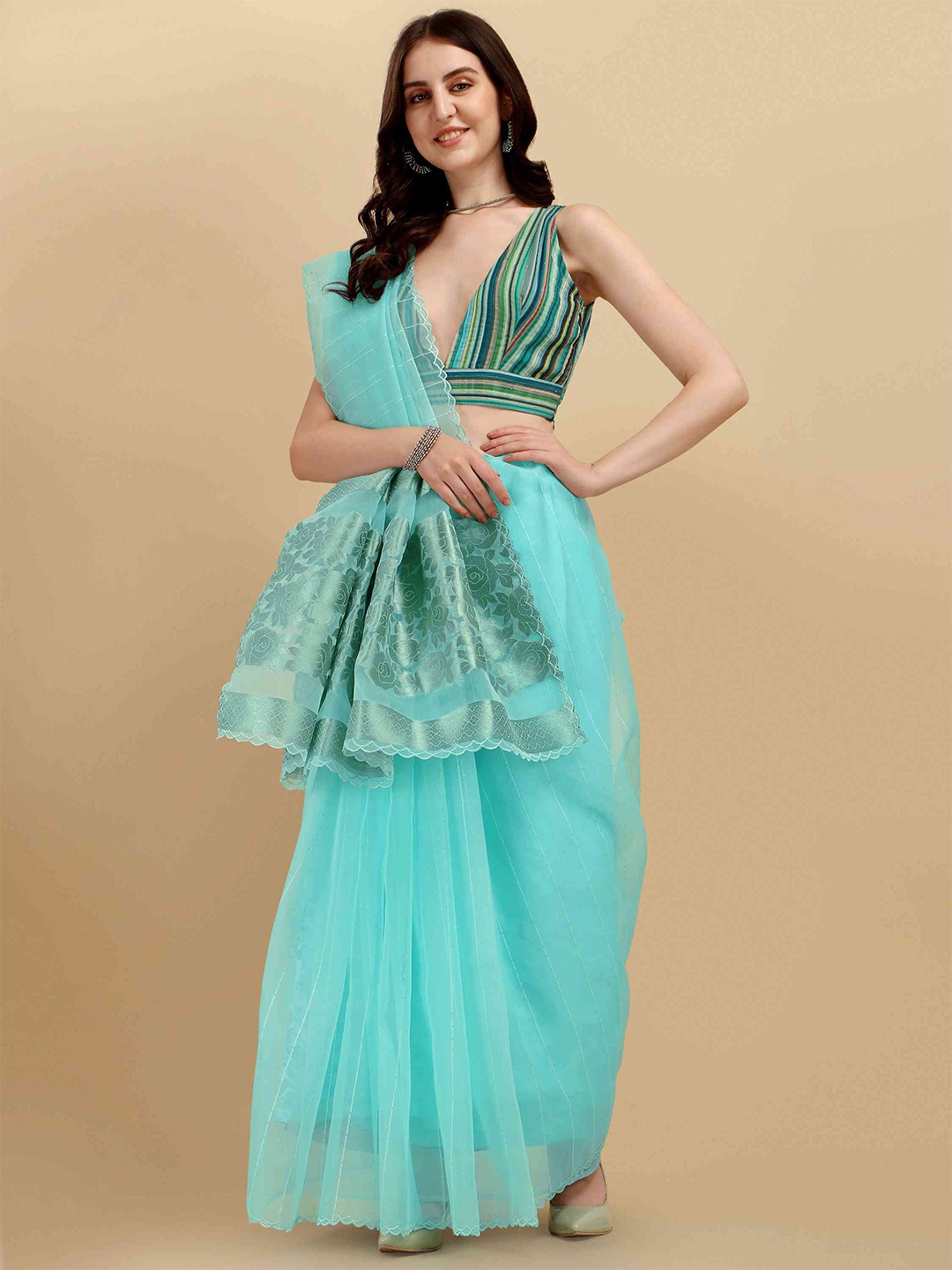 

elora Striped Sequinned Organza Bhagalpuri Saree, Turquoise blue