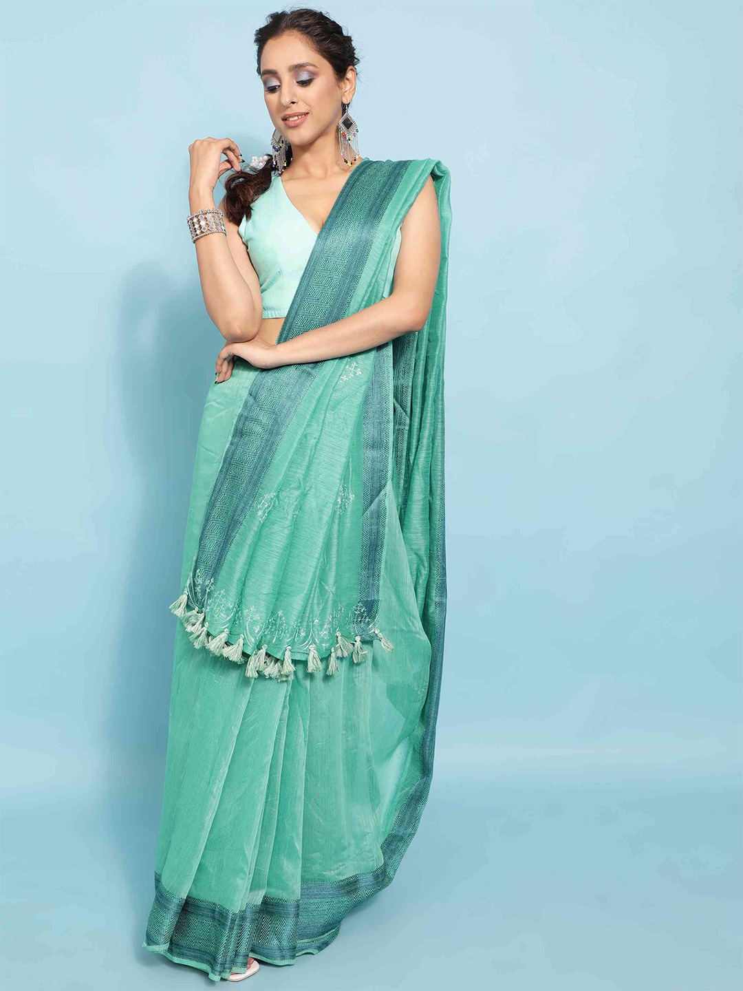 

elora Embroidered Pure Cotton Saree, Turquoise blue
