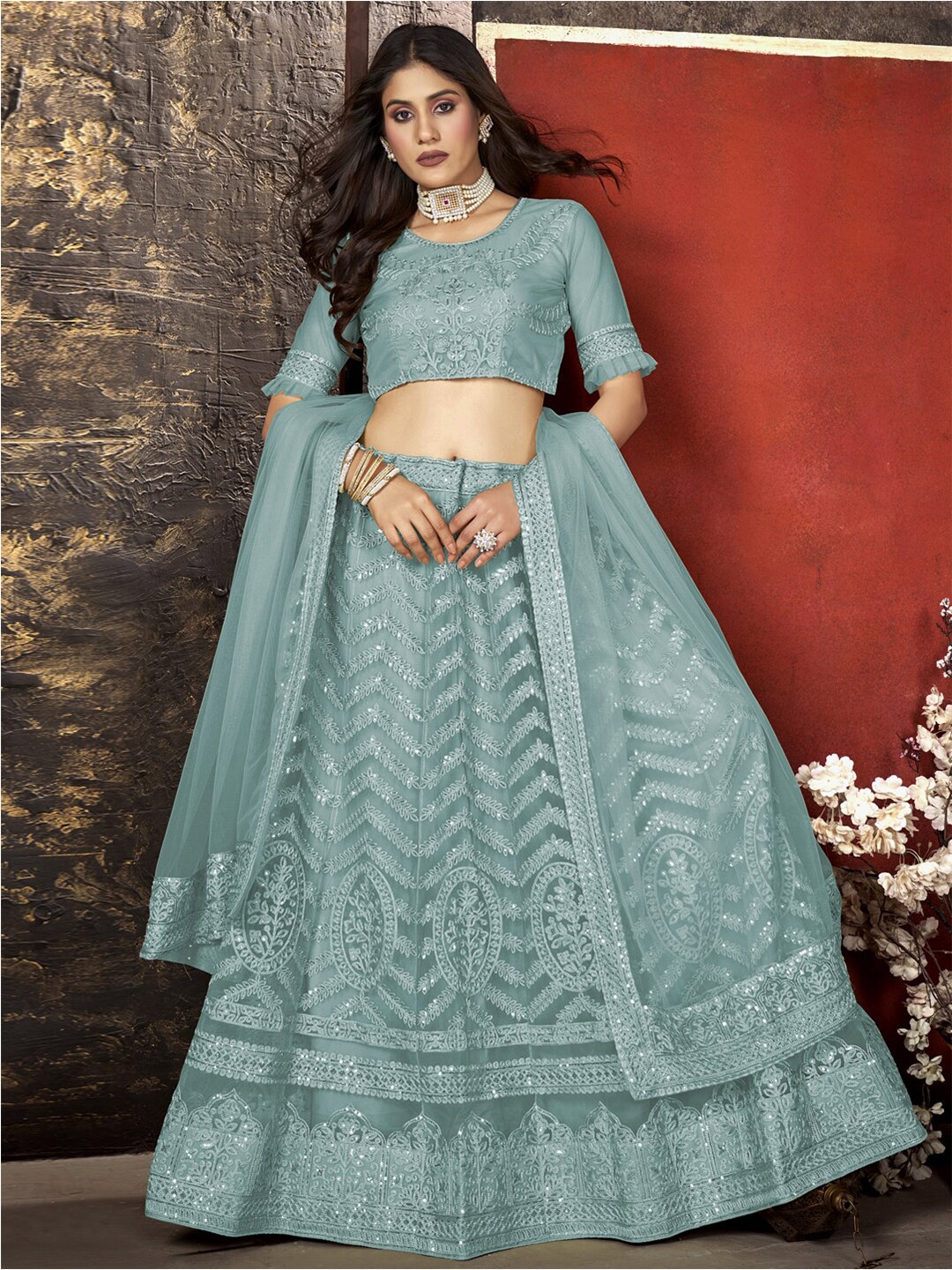 

Kvsfab Turquoise Blue Embroidered Sequinned Semi-Stitched Lehenga Choli With Dupatta