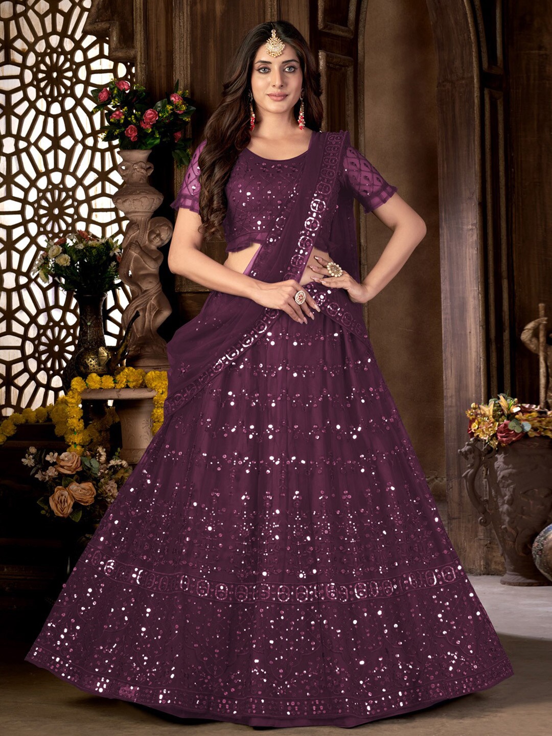 

Kvsfab Magenta Embroidered Sequinned Semi-Stitched Lehenga Choli With Dupatta