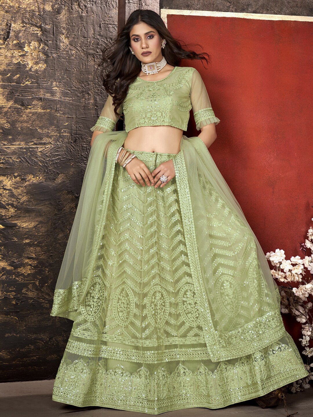 

Kvsfab Green Embroidered Sequinned Semi-Stitched Lehenga Choli With Dupatta