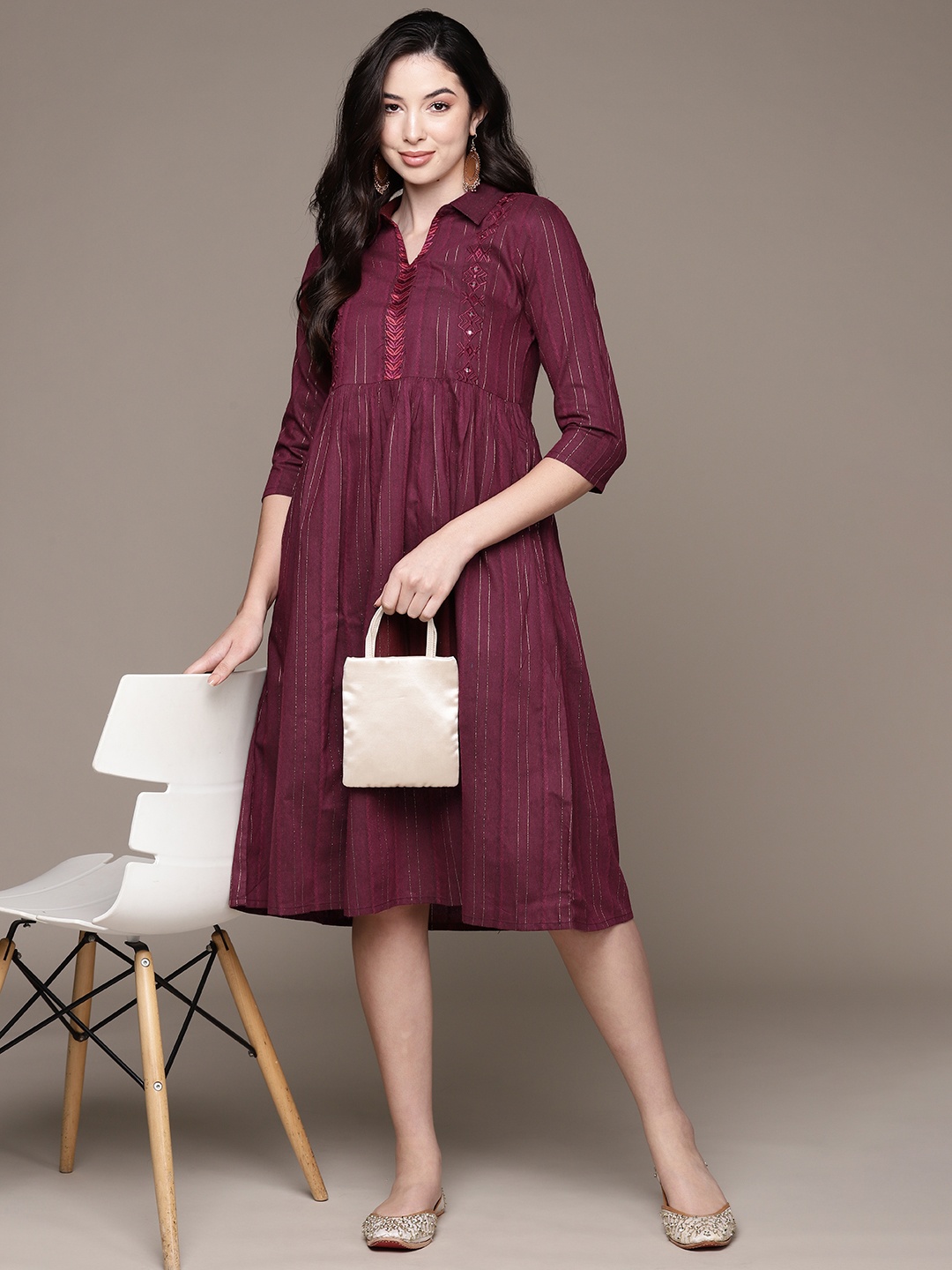 

Anubhutee Striped Embroidered Embellished A-Line Dress, Maroon