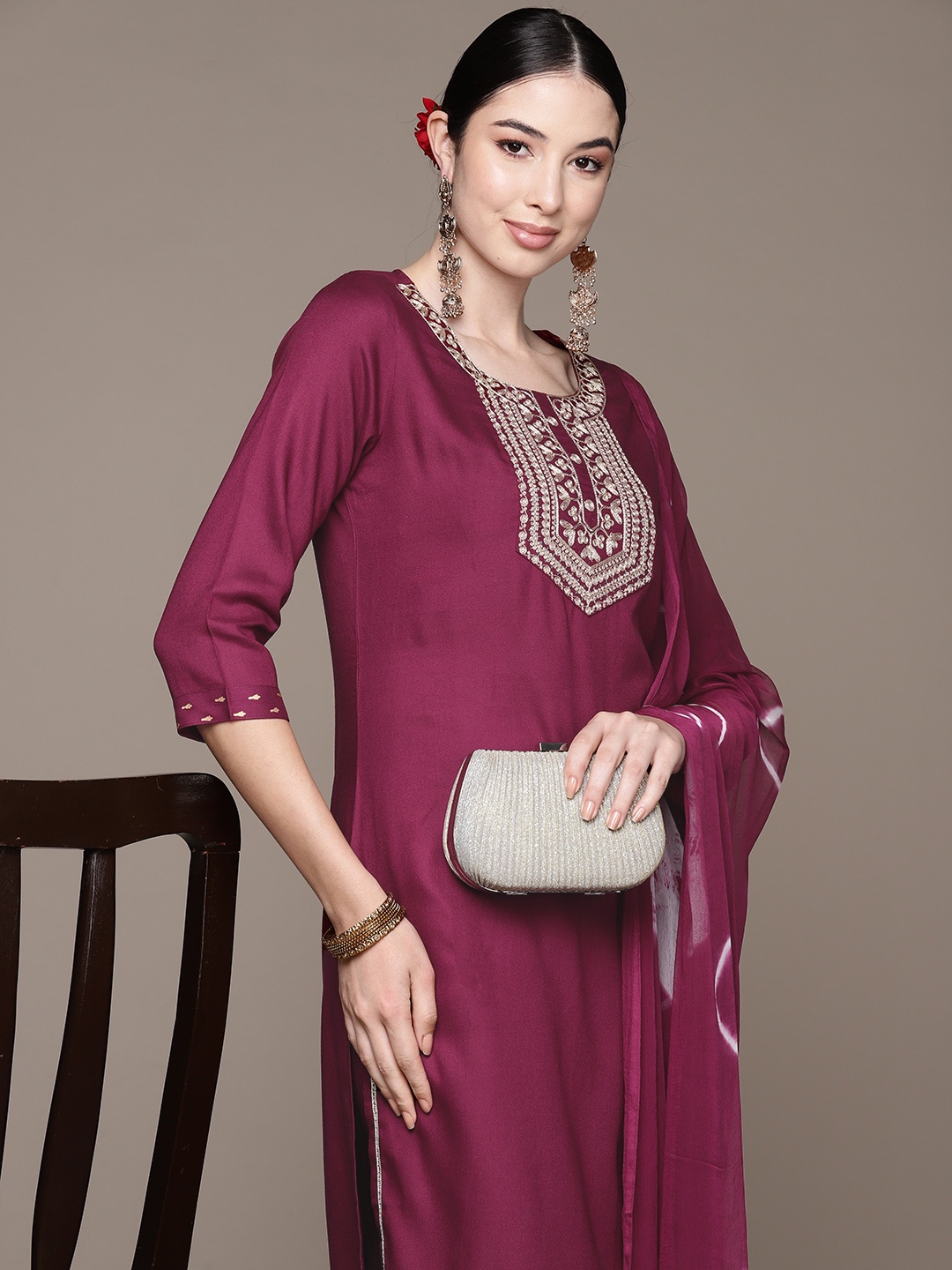 

Anubhutee Ethnic Motifs Zari Embroidered Regular Kurta With Trousers & Dupatta, Maroon