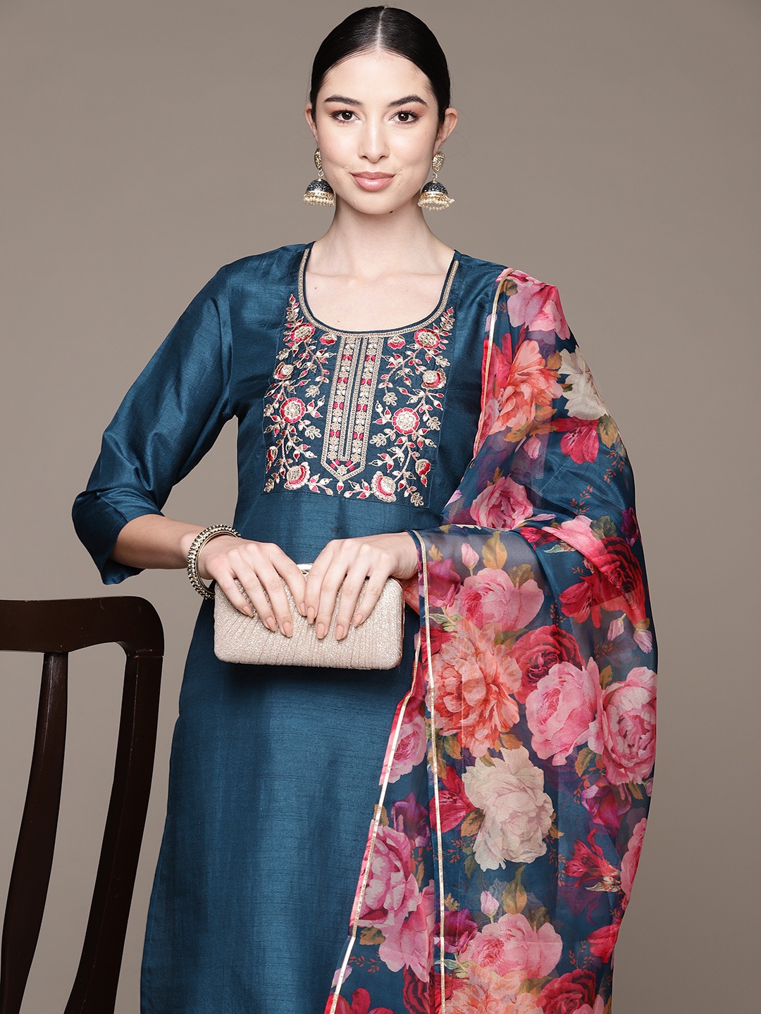 

Anubhutee Floral Zari Embroidered Kurta With Trousers & Dupatta, Teal