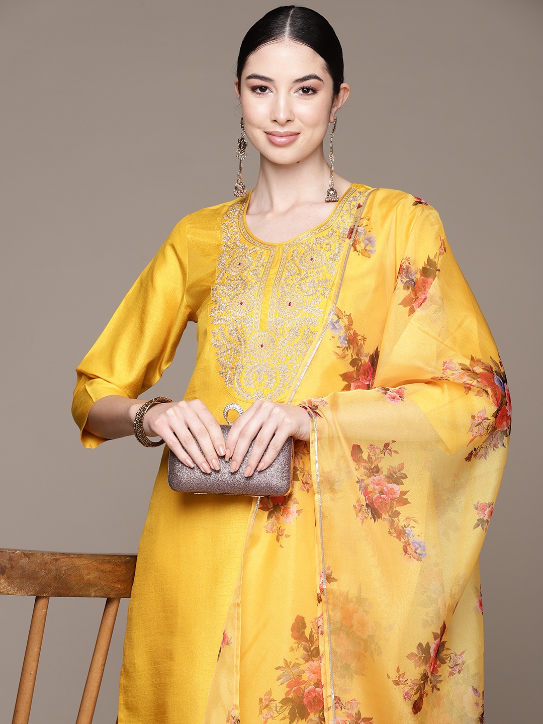 

Anubhutee Ethnic Motifs Zari Embroidered Regular Kurta With Trousers & Dupatta, Yellow