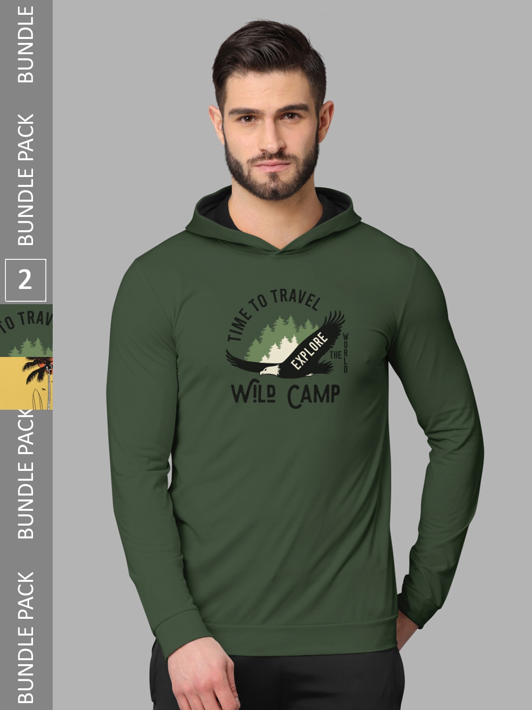 

BULLMER Pack of 2 Graphic Printed Long Sleeves Hooded T-shirts, Olive