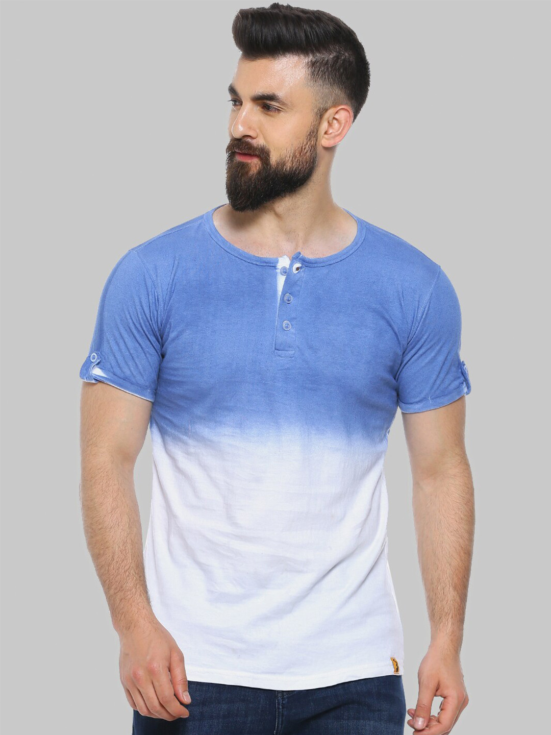 

Campus Sutra Blue Henley Neck Short Sleeves Casual Cotton T-shirt