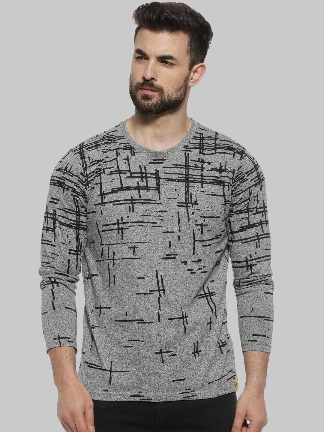 

Campus Sutra Grey Abstract Printed Round Neck Long Sleeves Casual Cotton T-shirt