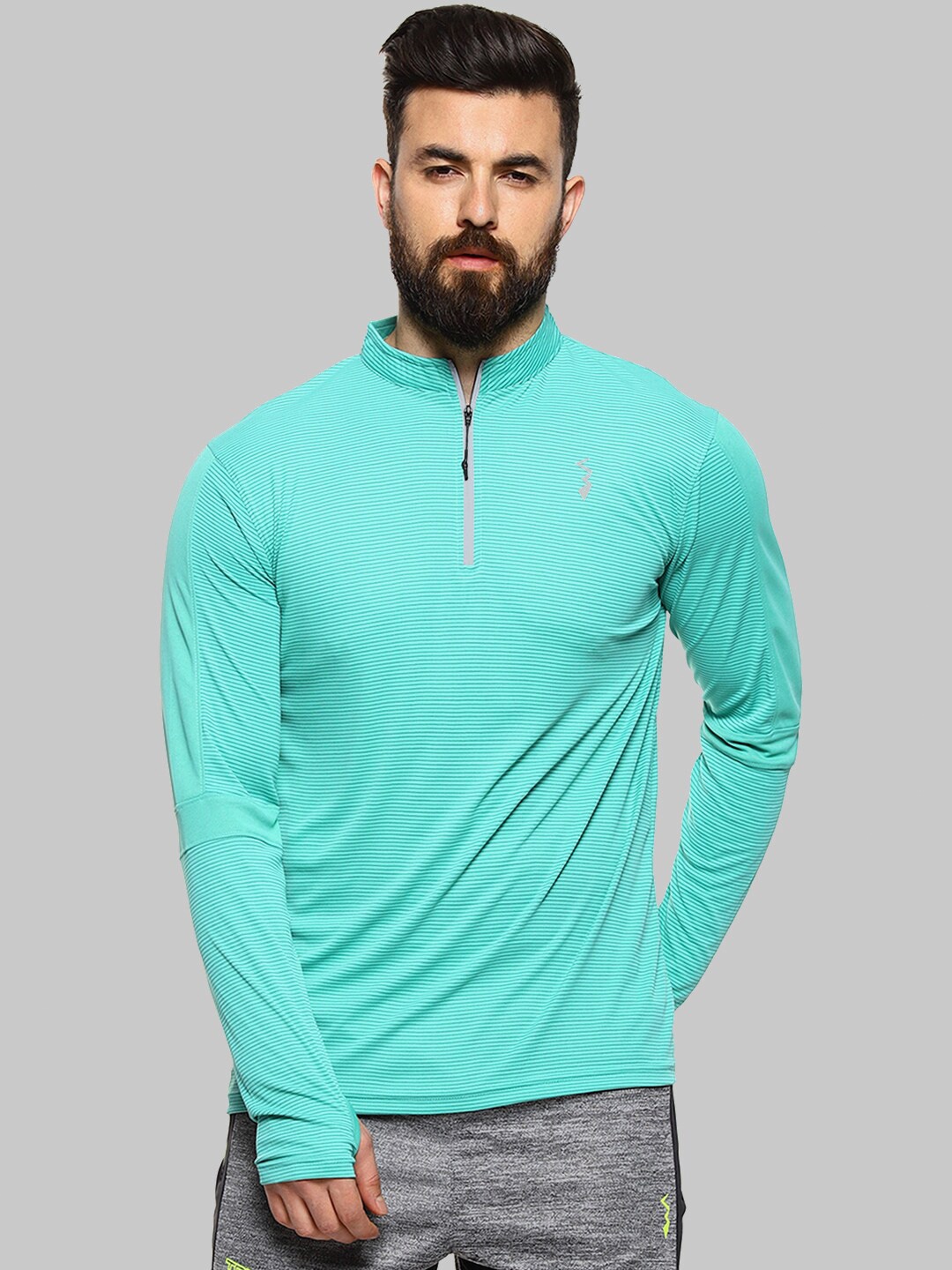 

Campus Sutra Green High Neck Long Sleeves Sports T-shirt