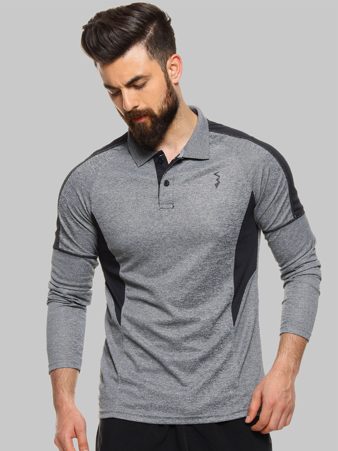 

Campus Sutra Grey Polo Collar Long Sleeves Sports T-shirt