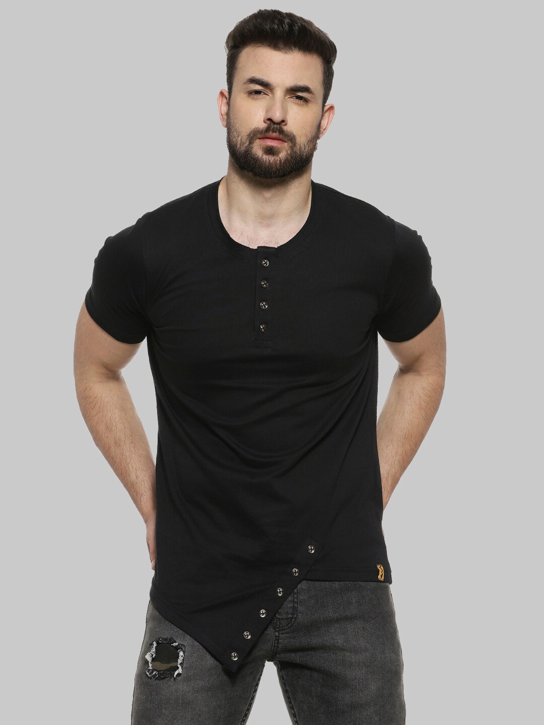 

Campus Sutra Black Henley Neck Short Sleeves Casual Cotton T-shirt