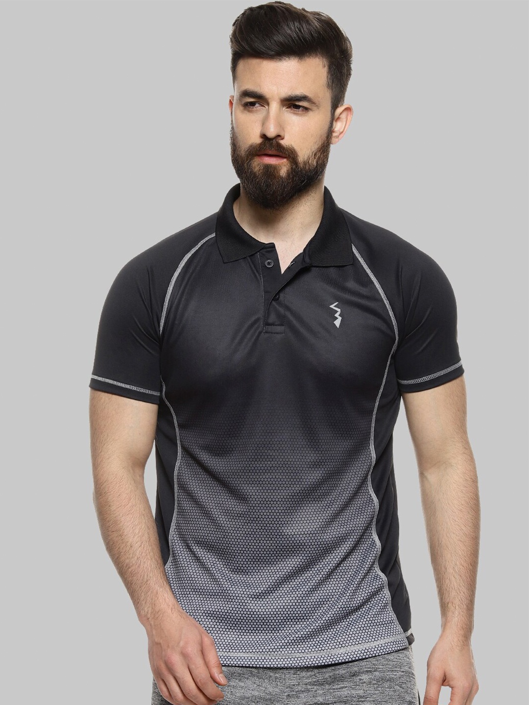 

Campus Sutra Black & Grey Polo Collar Raglan Sleeves Sports T-shirt