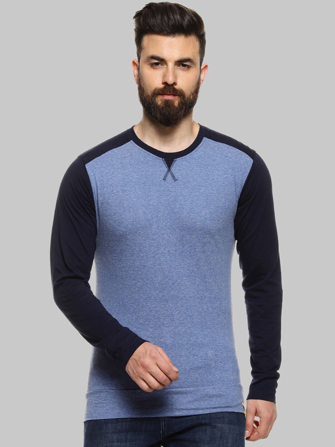 

Campus Sutra Blue Colourblocked Round Neck Long Sleeves Casual Cotton T-shirt